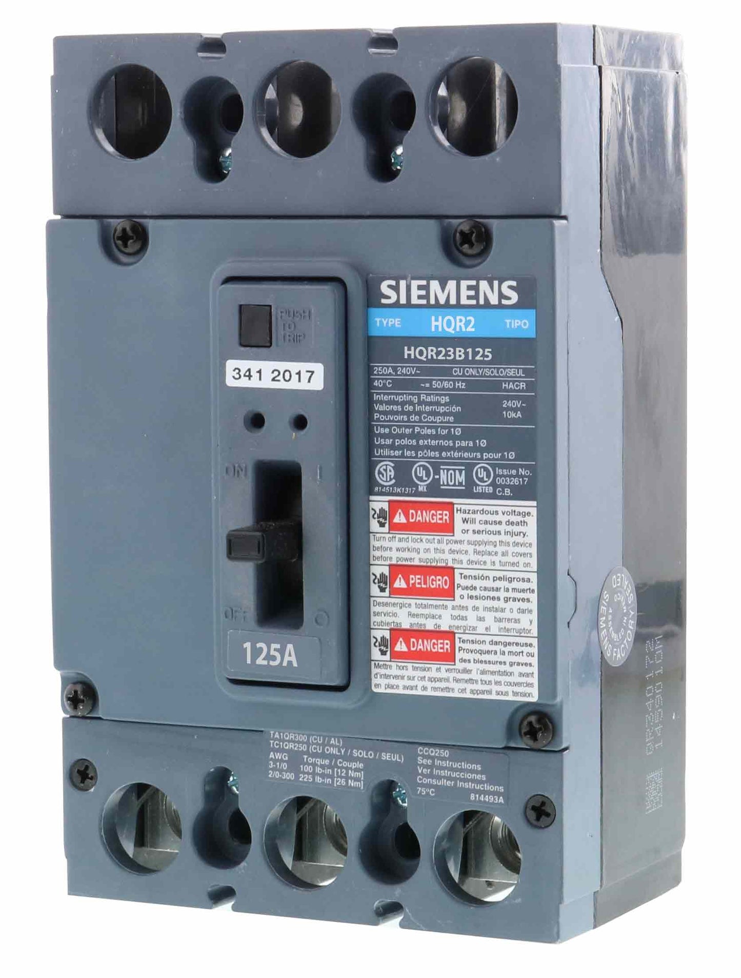Siemens HQR23B125L Circuit Breaker | 240V 125A 3P 65kA@240V Feed-Thru QR Series