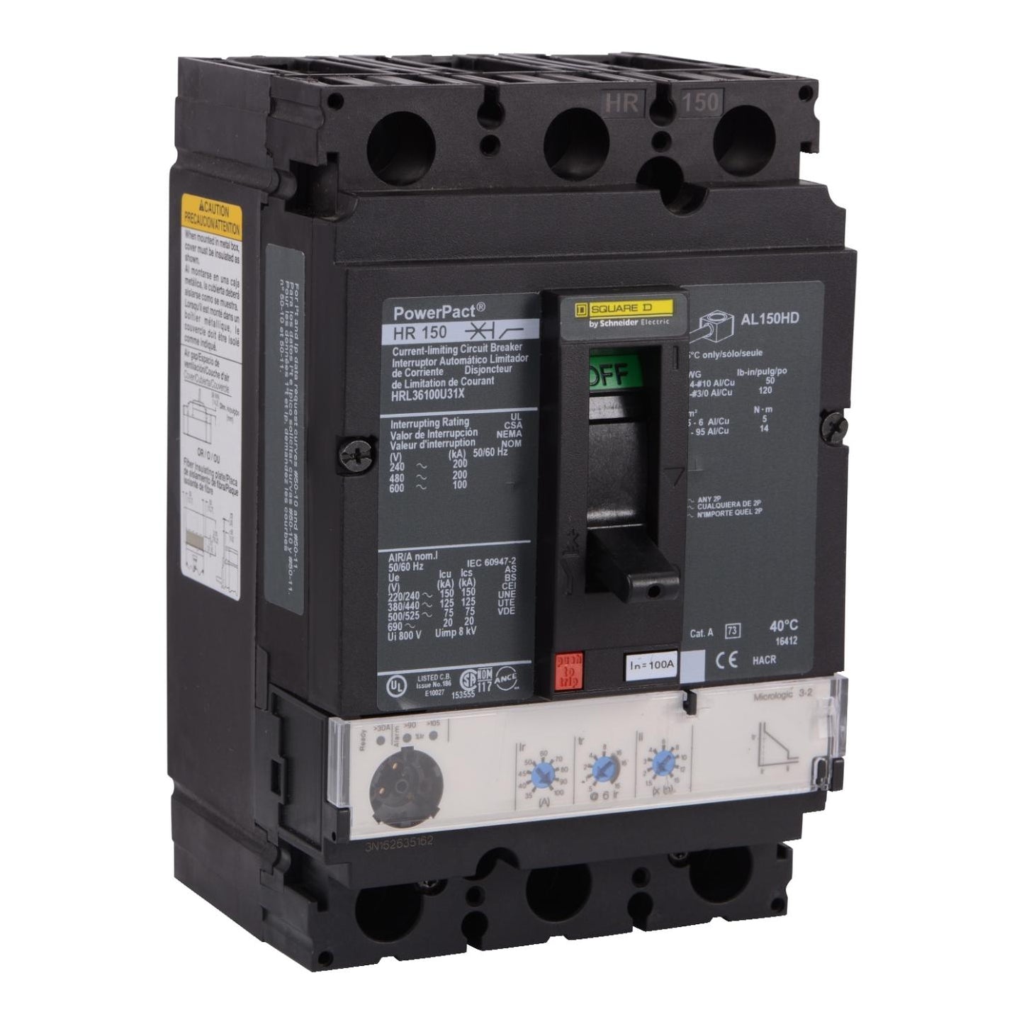 Square D HRL36100U31X Circuit Breaker | 600V 100A 3P 200kA@480V Feed-Thru Powerpact