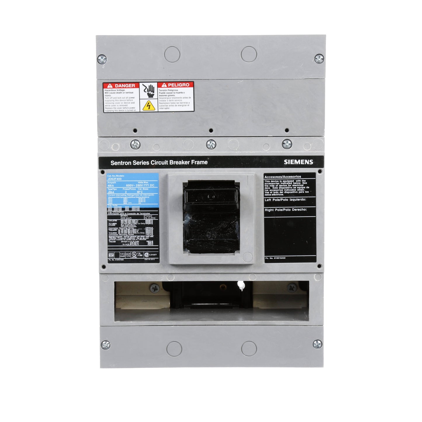 Siemens JD62F400 Circuit Breaker | 600V 400A 2P 35kA@480V Bolt-On Sentron Series