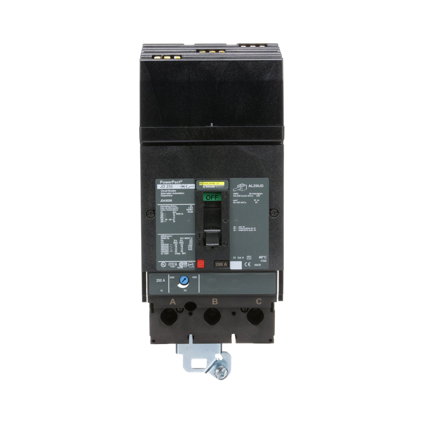 Square D JDA36200 Circuit Breaker | 600V 200A 3P 18kA@480V I-Line Style Plug-In Powerpact