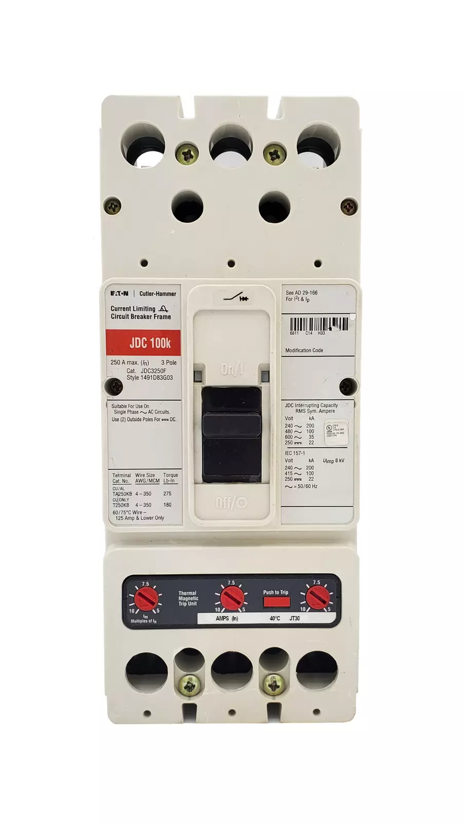 Cutler Hammer JDC3200W Molded Case Circuit Breaker | 600V 200A 3P 100kA@480V Bolt-On Series C