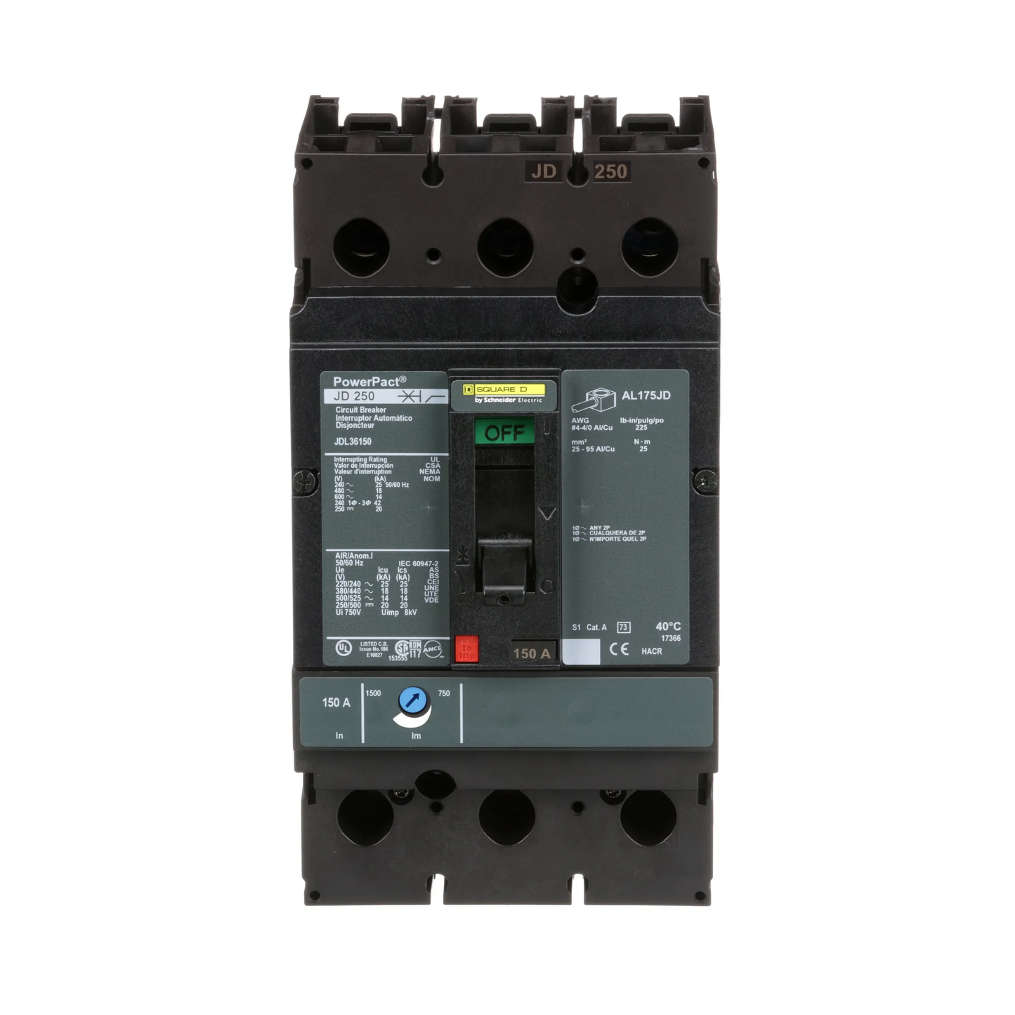 Square D JDL36150 Circuit Breaker | 600V 150A 3P 18kA@480V Feed-Thru Powerpact JDL