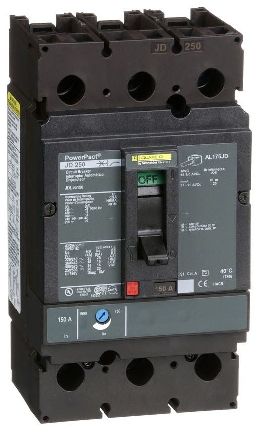 Square D JDL36150 Circuit Breaker | 600V 150A 3P 18kA@480V Feed-Thru Powerpact JDL