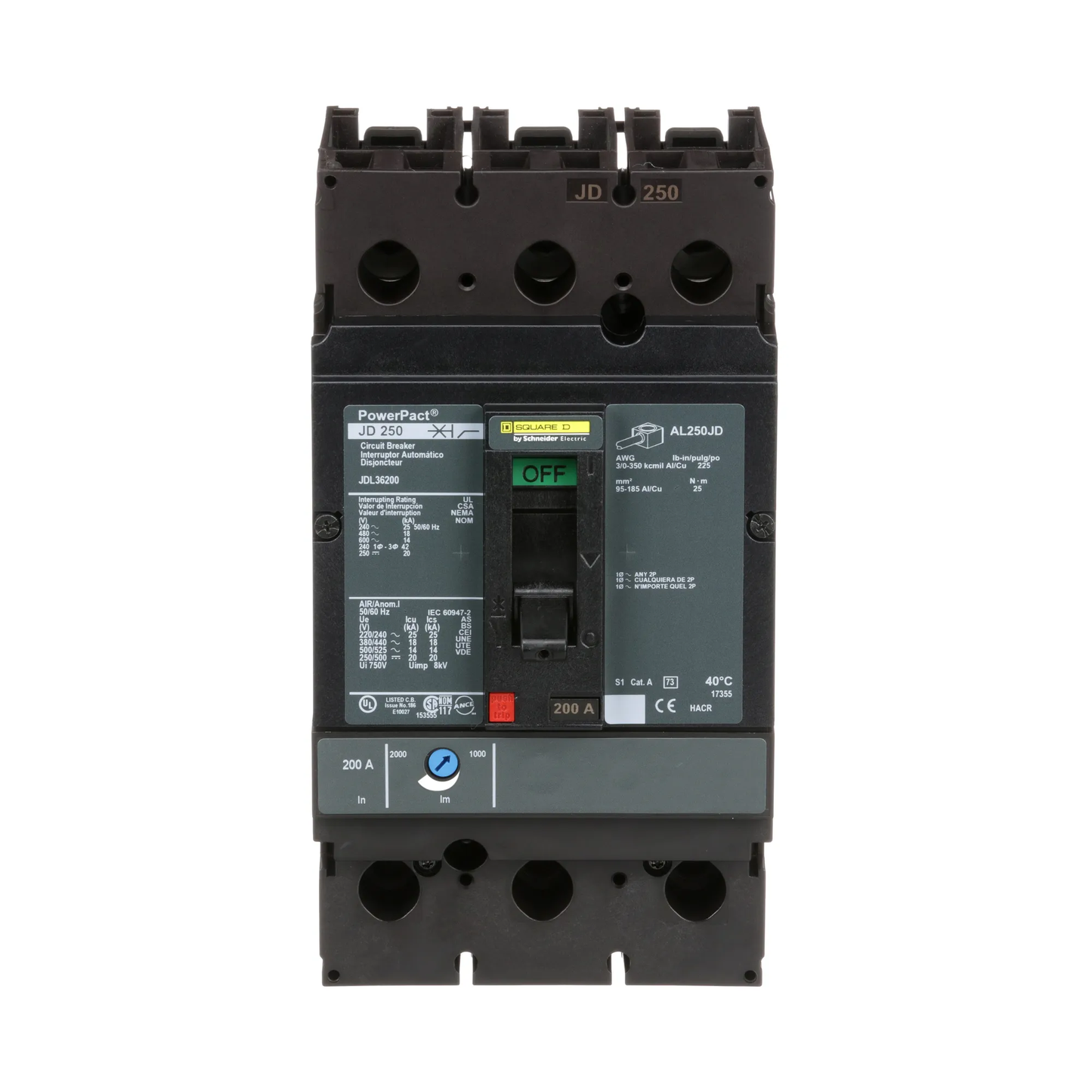Square D JDL36200 Circuit Breaker | 600V 200A 3P 18kA@480V Feed-Thru Powerpact