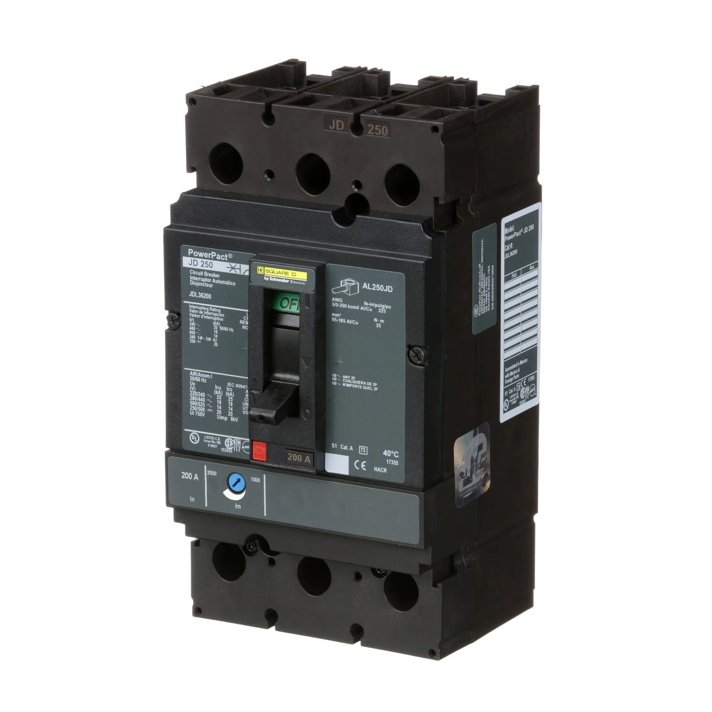 Square D JDL36200 Circuit Breaker | 600V 200A 3P 18kA@480V Feed-Thru Powerpact