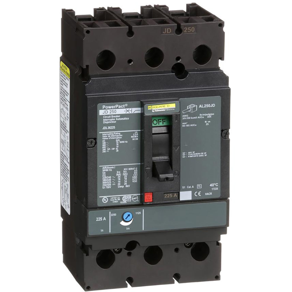 Square D JDL36225 Circuit Breaker | 600V 225A 3P 18kA@480V Feed-Thru Powerpact JDL