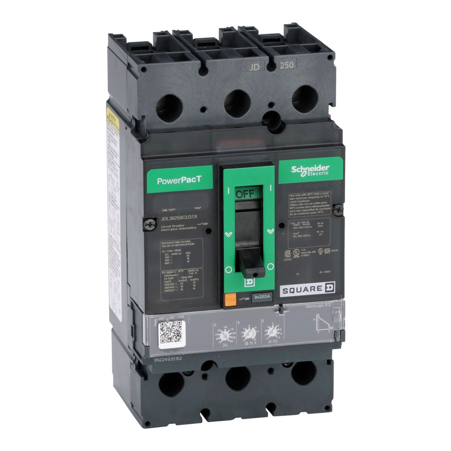 Square D JDL36250CU31X Molded Case Circuit Breaker | 600V 250A 3P 18kA@480V Feed-Thru Powerpact