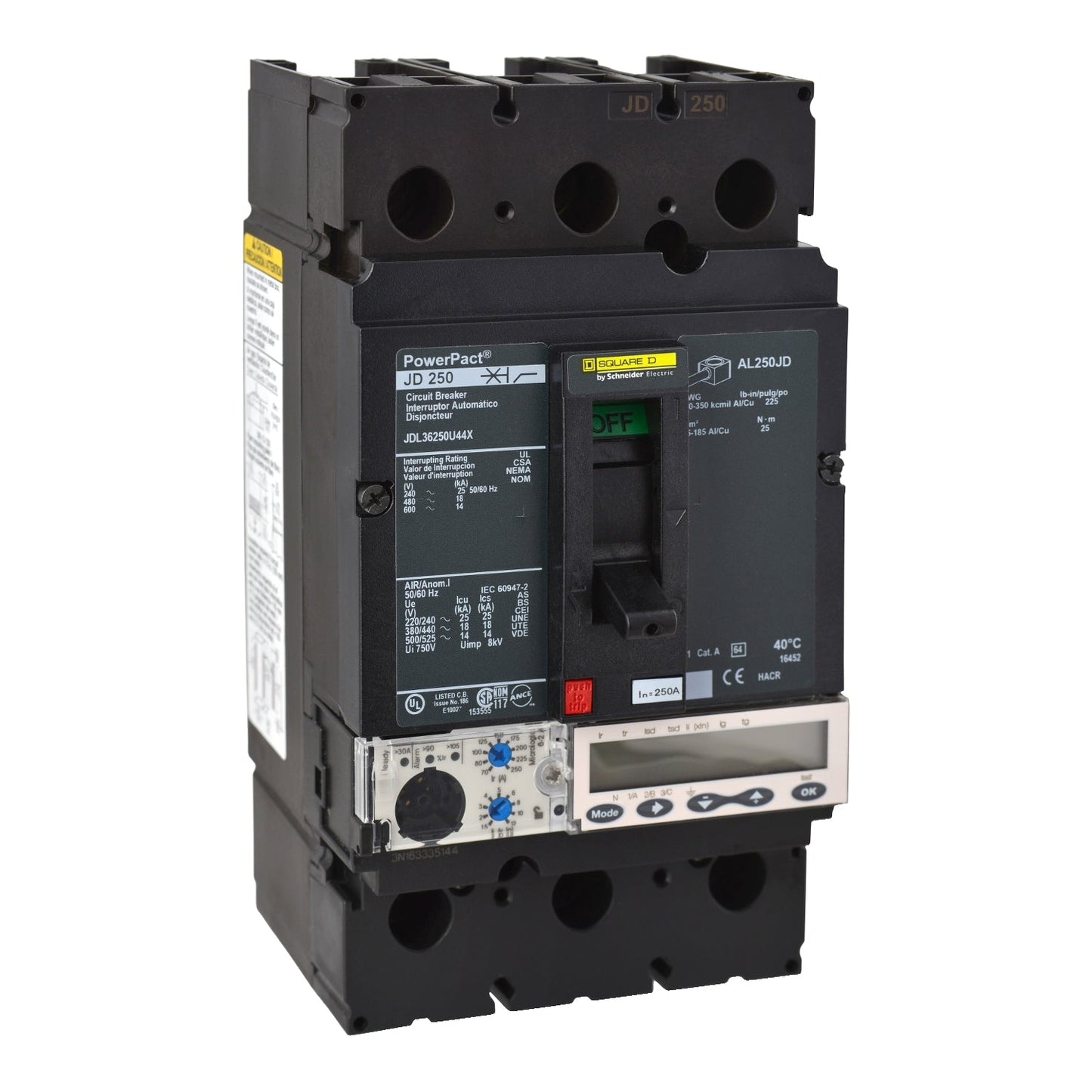 JDM34250WU31X - Schneider Electric Bolt-On 480V 250A 3 pole circuit breaker 18kA@480V - Essential Electric Supply