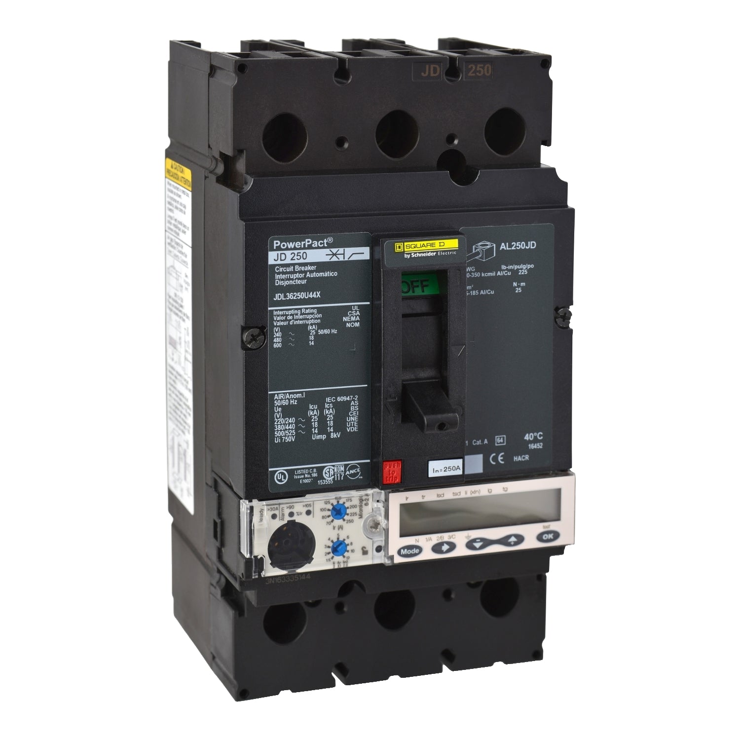 JDM34250WU31X - Schneider Electric Bolt-On 480V 250A 3 pole circuit breaker 18kA@480V - Essential Electric Supply