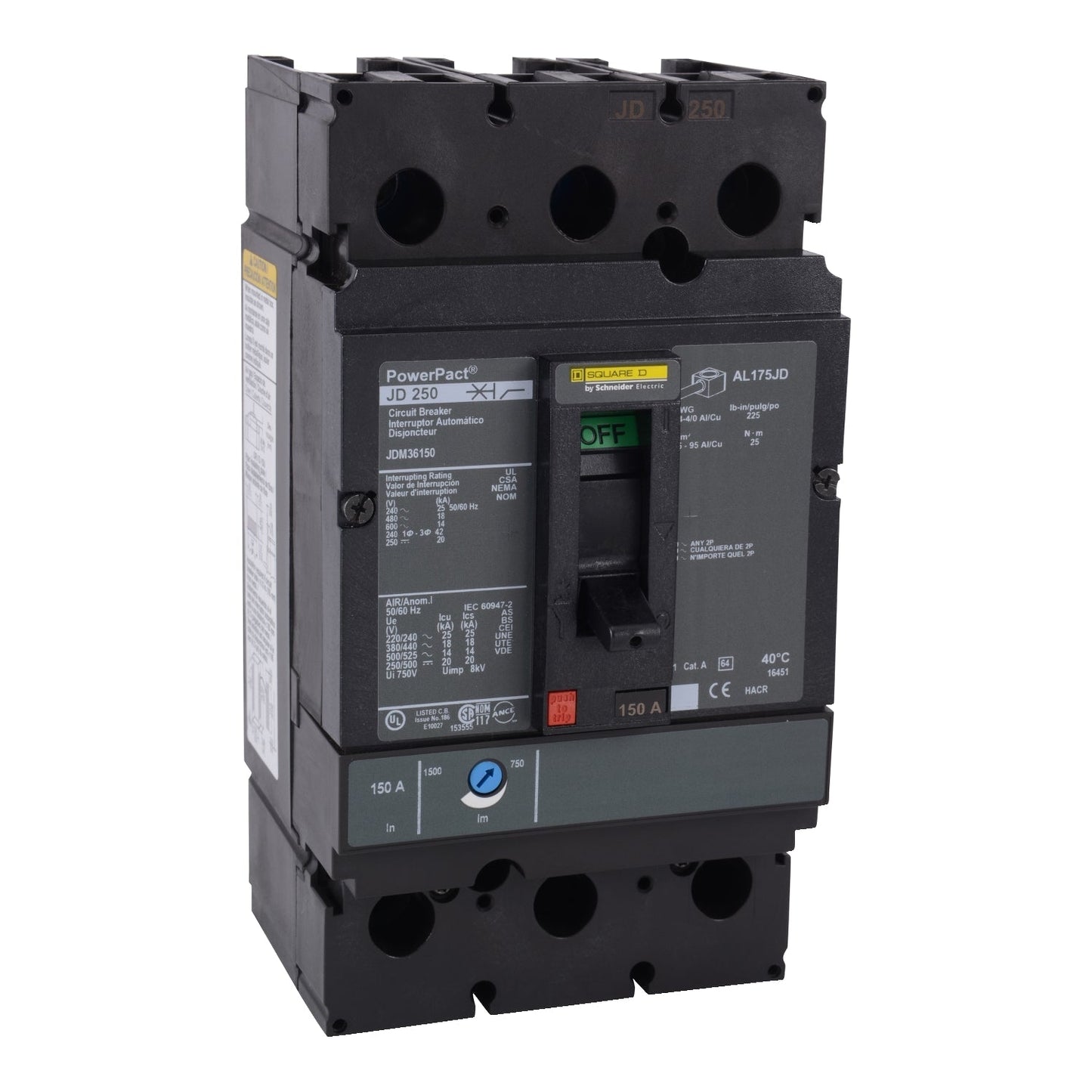 JDM36250U33X - Schneider Electric Bolt-On 600V 250A 3 pole circuit breaker 18kA@480V - Essential Electric Supply