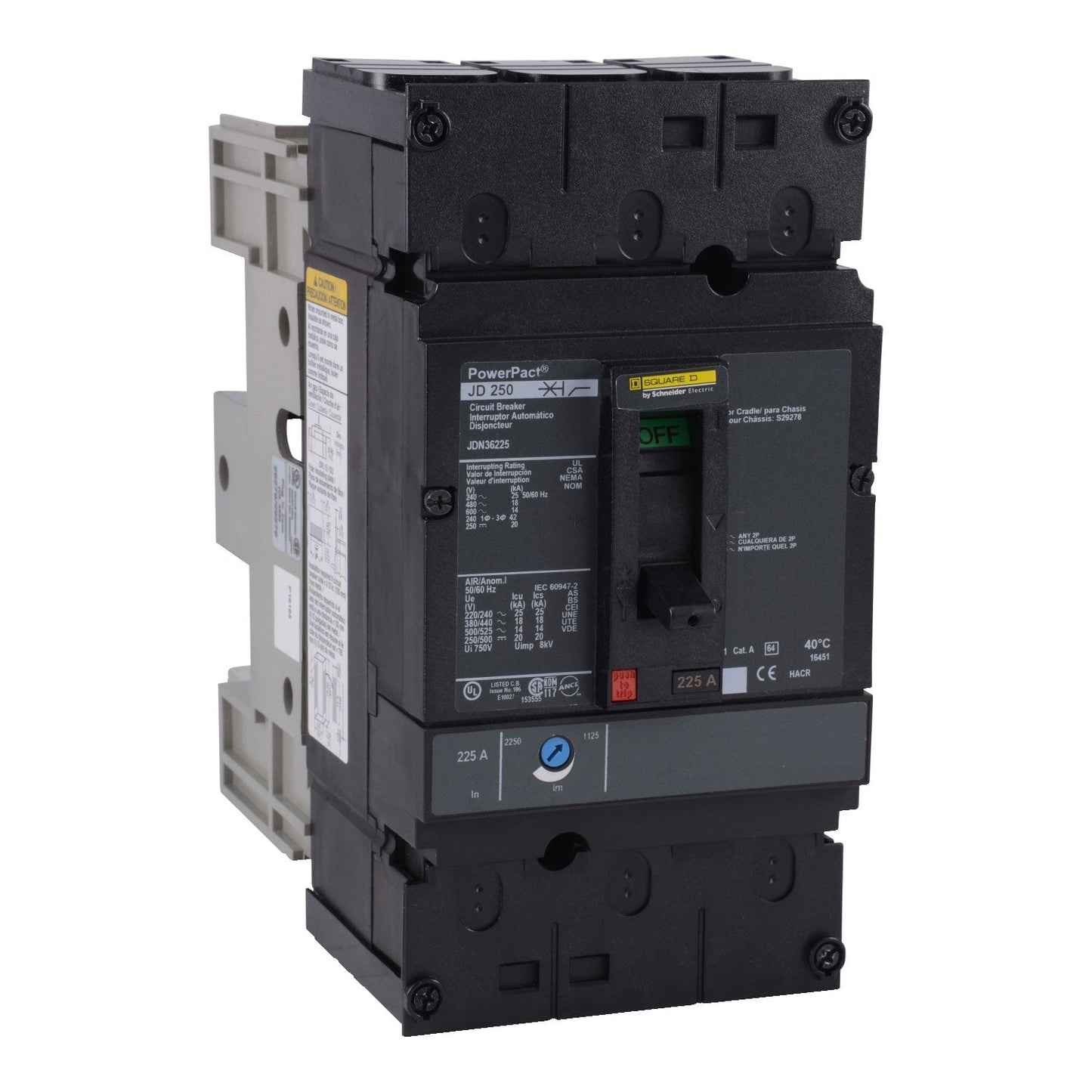 Square D JDN36225 Circuit Breaker | 600V 225A 3P 18kA@480V Plug-In Powerpact