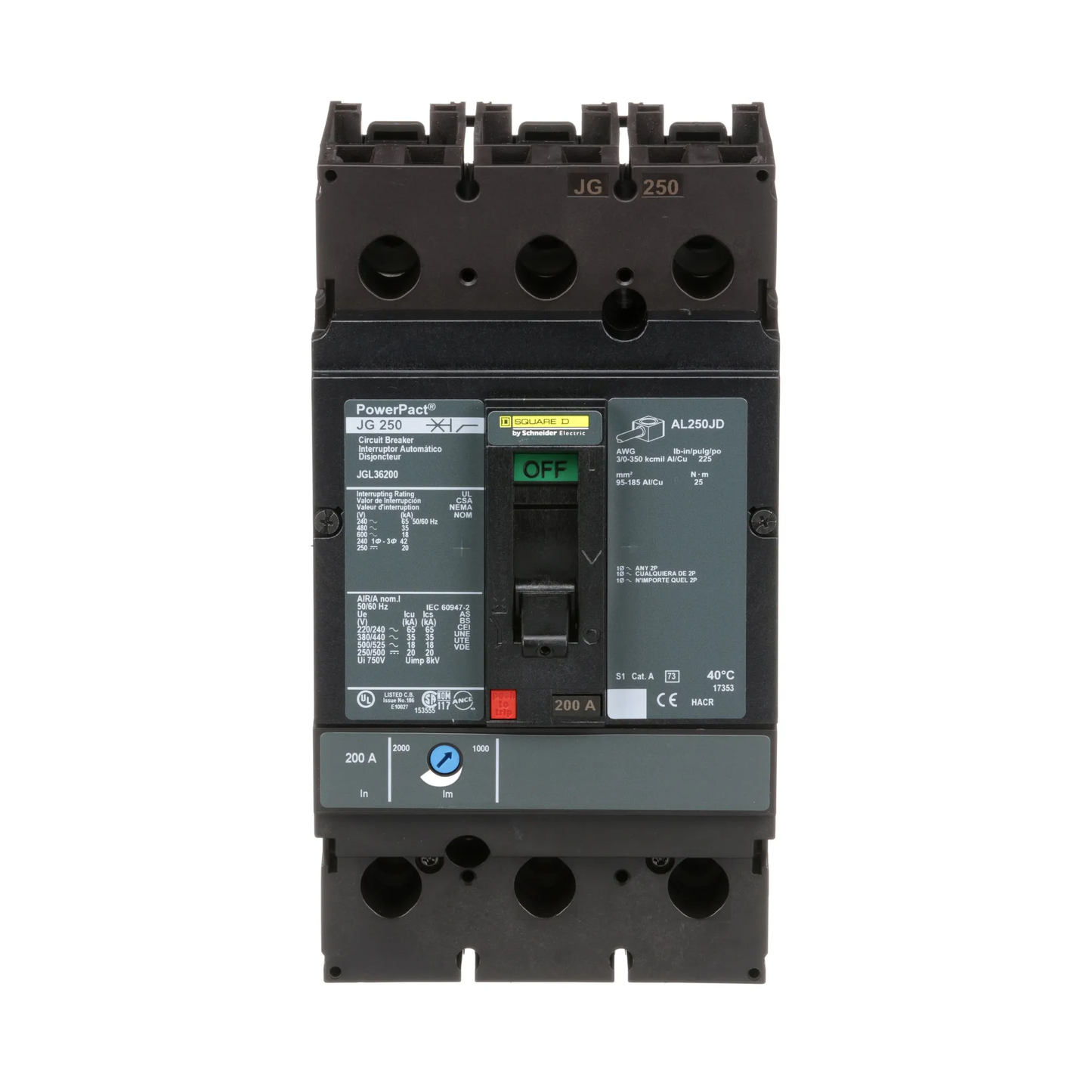Square D JGL36200 Circuit Breaker | 600V 200A 3P 35kA@480V Feed-Thru Powerpact
