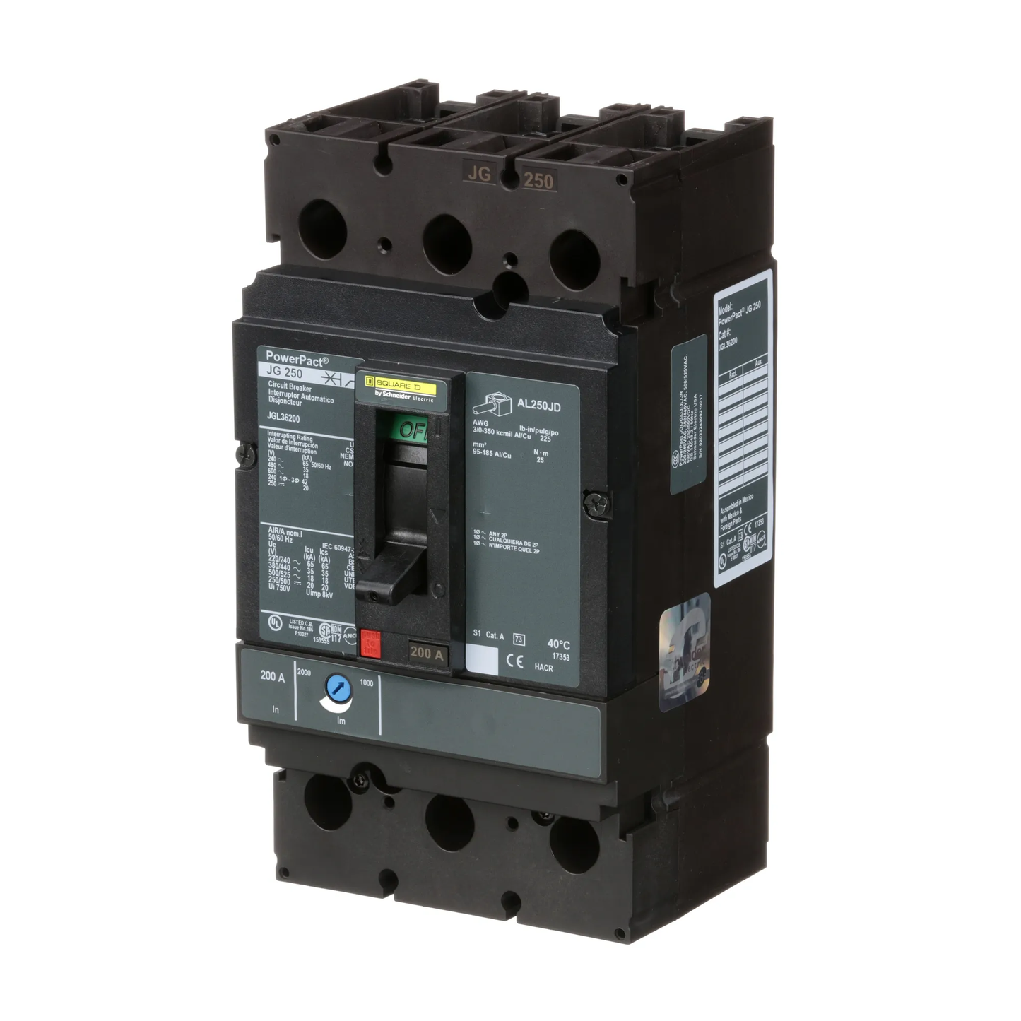 Square D JGL36200 Circuit Breaker | 600V 200A 3P 35kA@480V Feed-Thru Powerpact