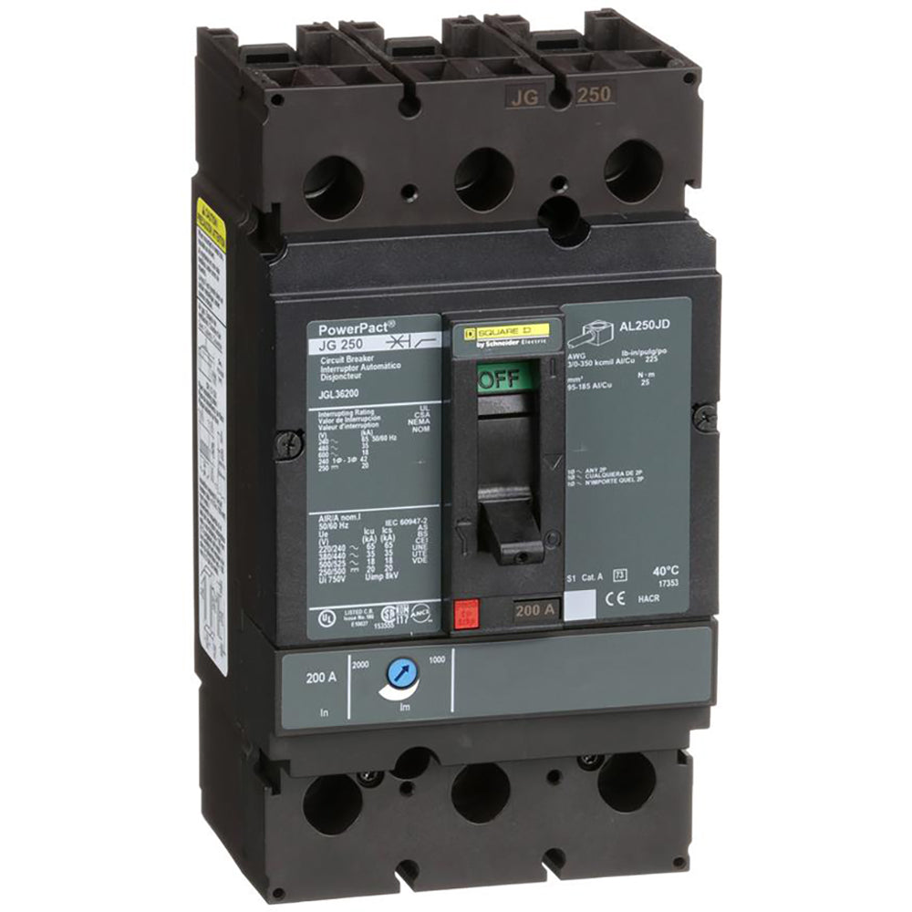 Square D JGL36200 Circuit Breaker | 600V 200A 3P 35kA@480V Feed-Thru Powerpact