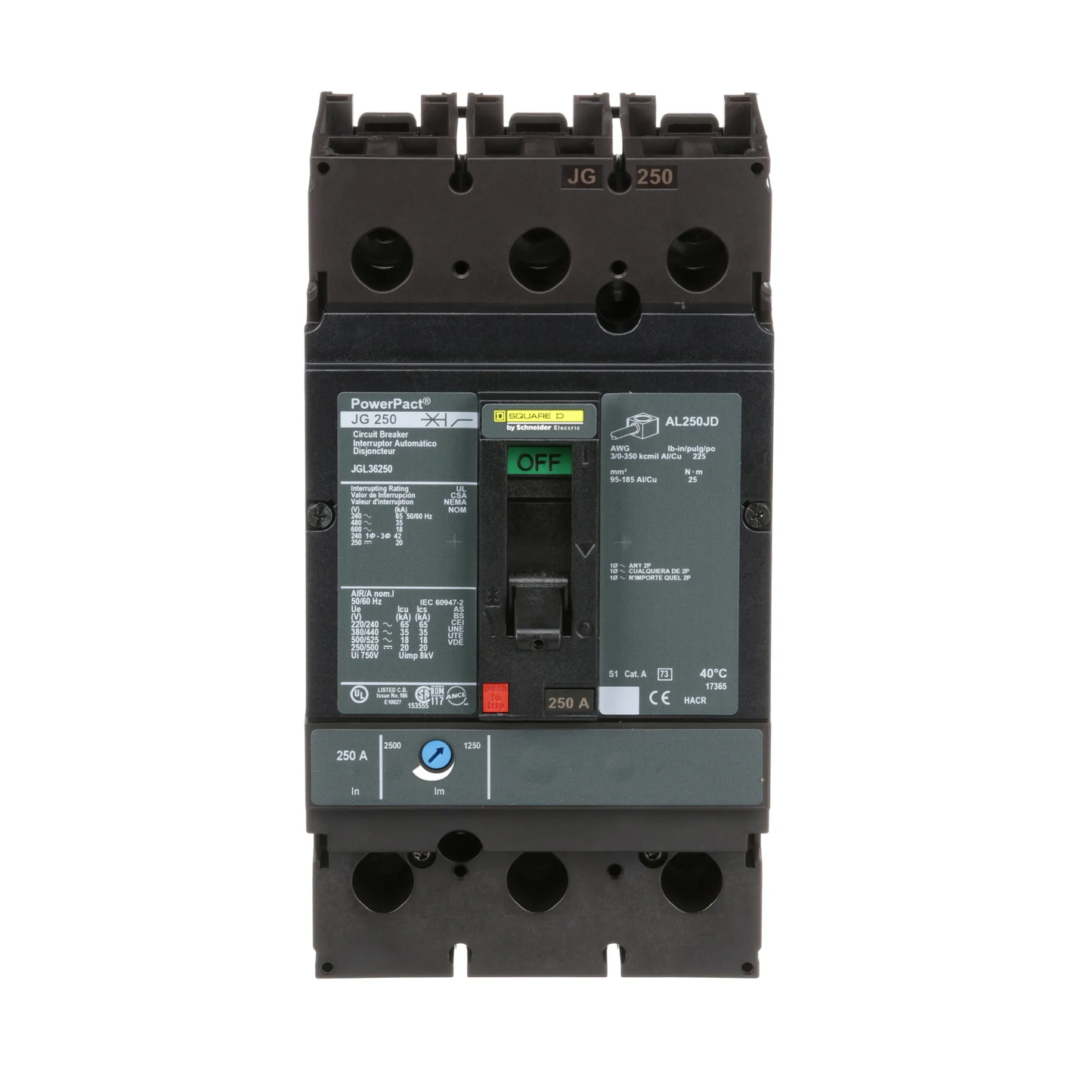 Square D JGL36250 Circuit Breaker | 600V 250A 3P 35kA@480V Feed-Thru Powerpact JGL