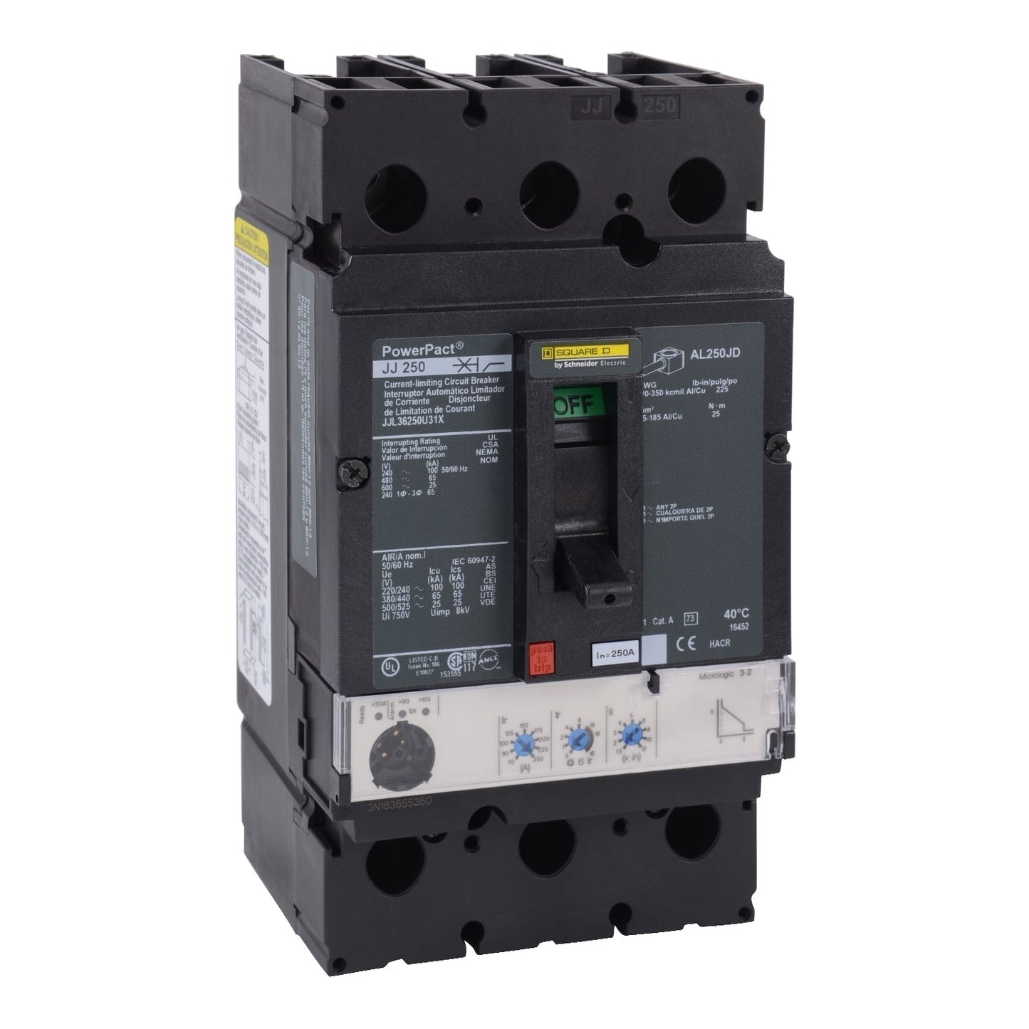 Square D JJL36250U31X Molded Case Circuit Breaker | 600V 250A 3P 65kA@480V Feed-Thru Powerpact