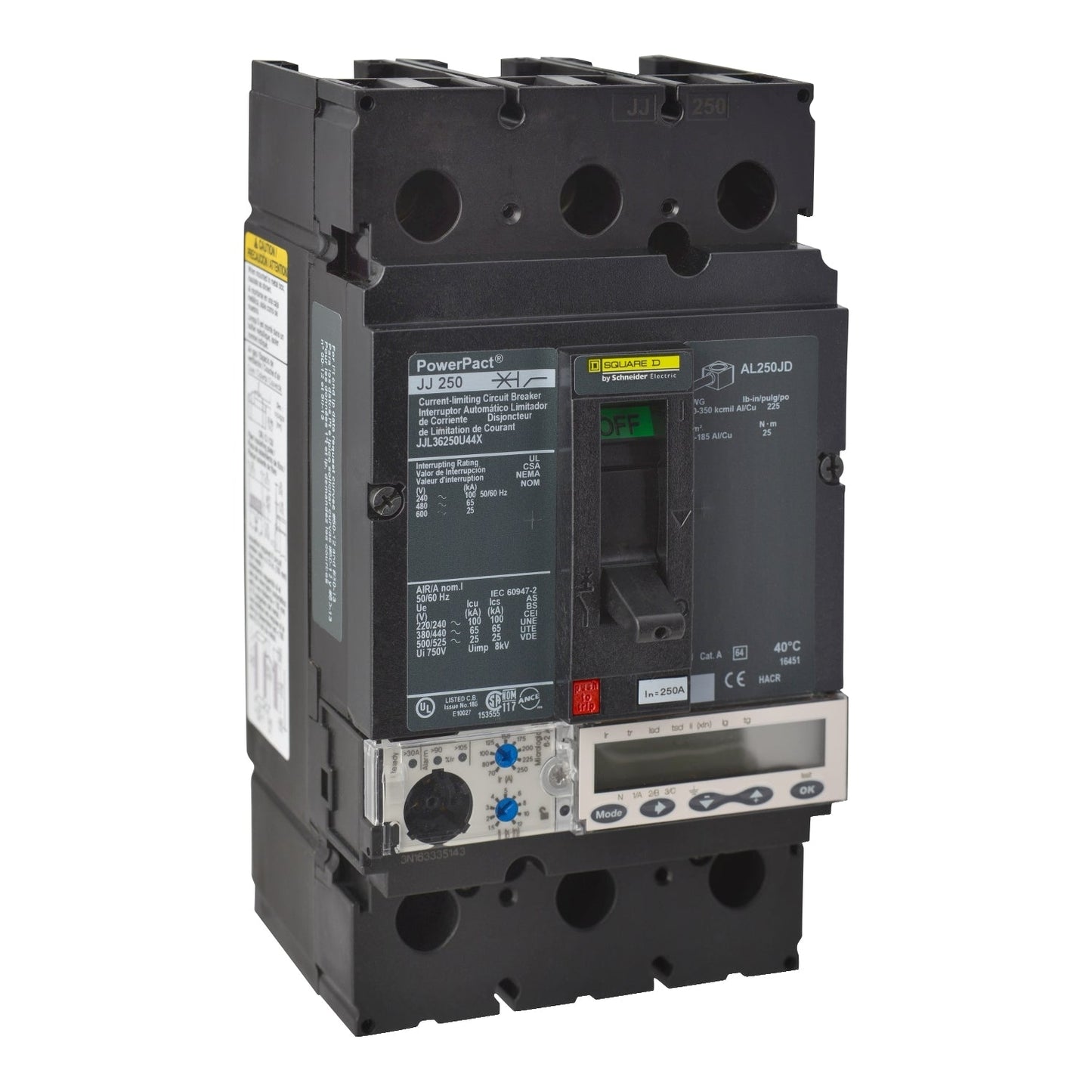 Square D JJL36250U44X Molded Case Circuit Breaker | 600V 250A 3P 65kA@480V Feed-Thru Powerpact