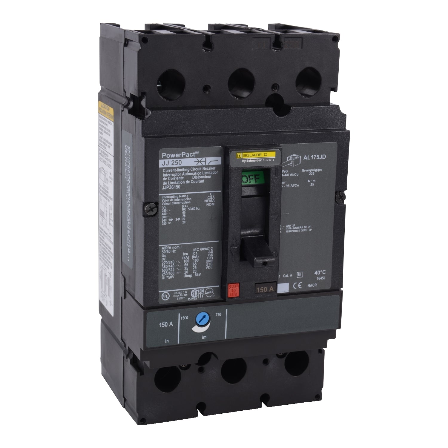 JJP36175 - Square D Bolt-On 600V 175A 3 pole circuit breaker 65kA@480V - Essential Electric Supply
