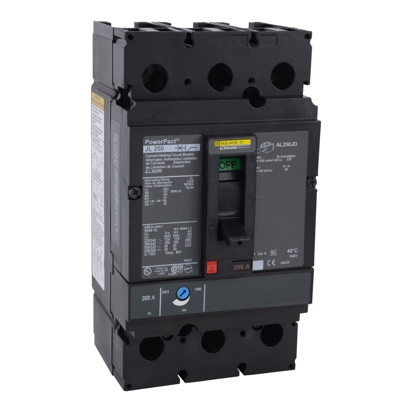 Square D JLL26200 Circuit Breaker | 600V 200A 2P 100kA@480V Feed-Thru Powerpact