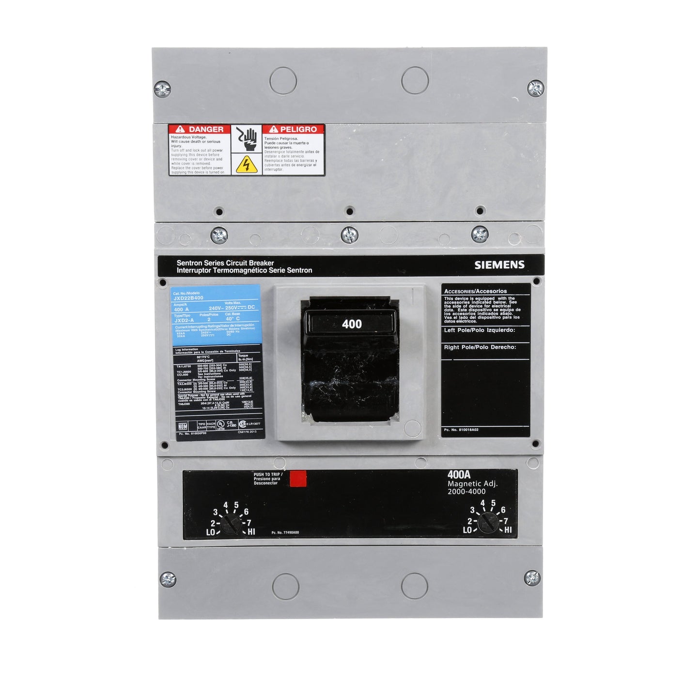 Siemens JXD22B400 Molded Case Circuit Breaker | 240V 400A 2P 65kA@240V Bolt-On Sentron Series