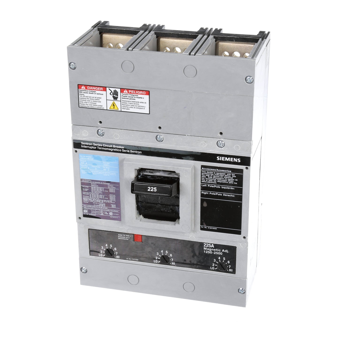 Siemens JXD23B225 Molded Case Circuit Breaker | 240V 225A 3P 65kA@240V Bolt-On Sentron Series