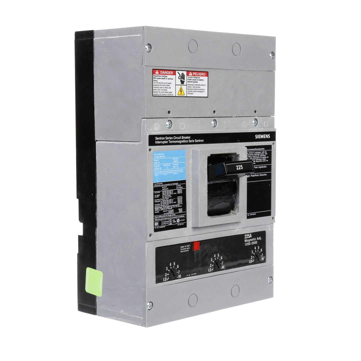 Siemens JXD23B225 Molded Case Circuit Breaker | 240V 225A 3P 65kA@240V Bolt-On Sentron Series