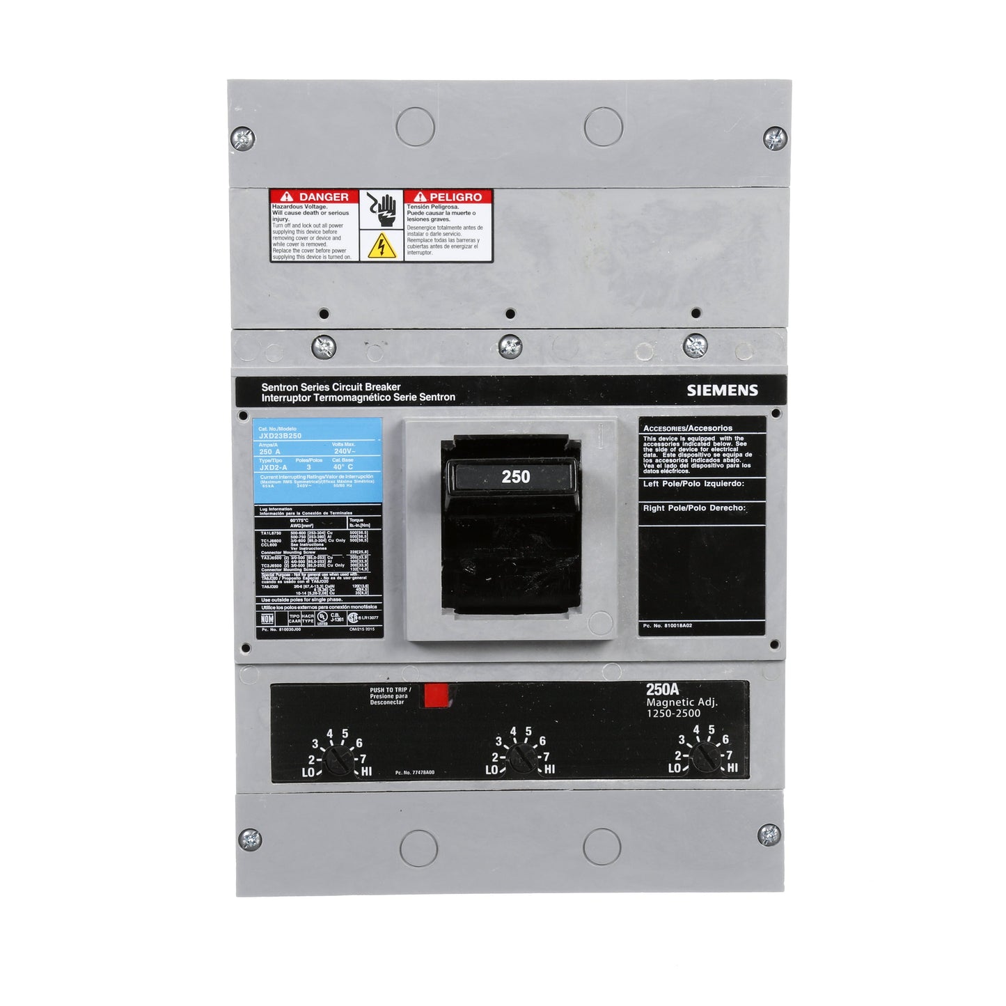 Siemens JXD23B250 Circuit Breaker | 240V 250A 3P 65kA@240V Bolt-On Sentron Series