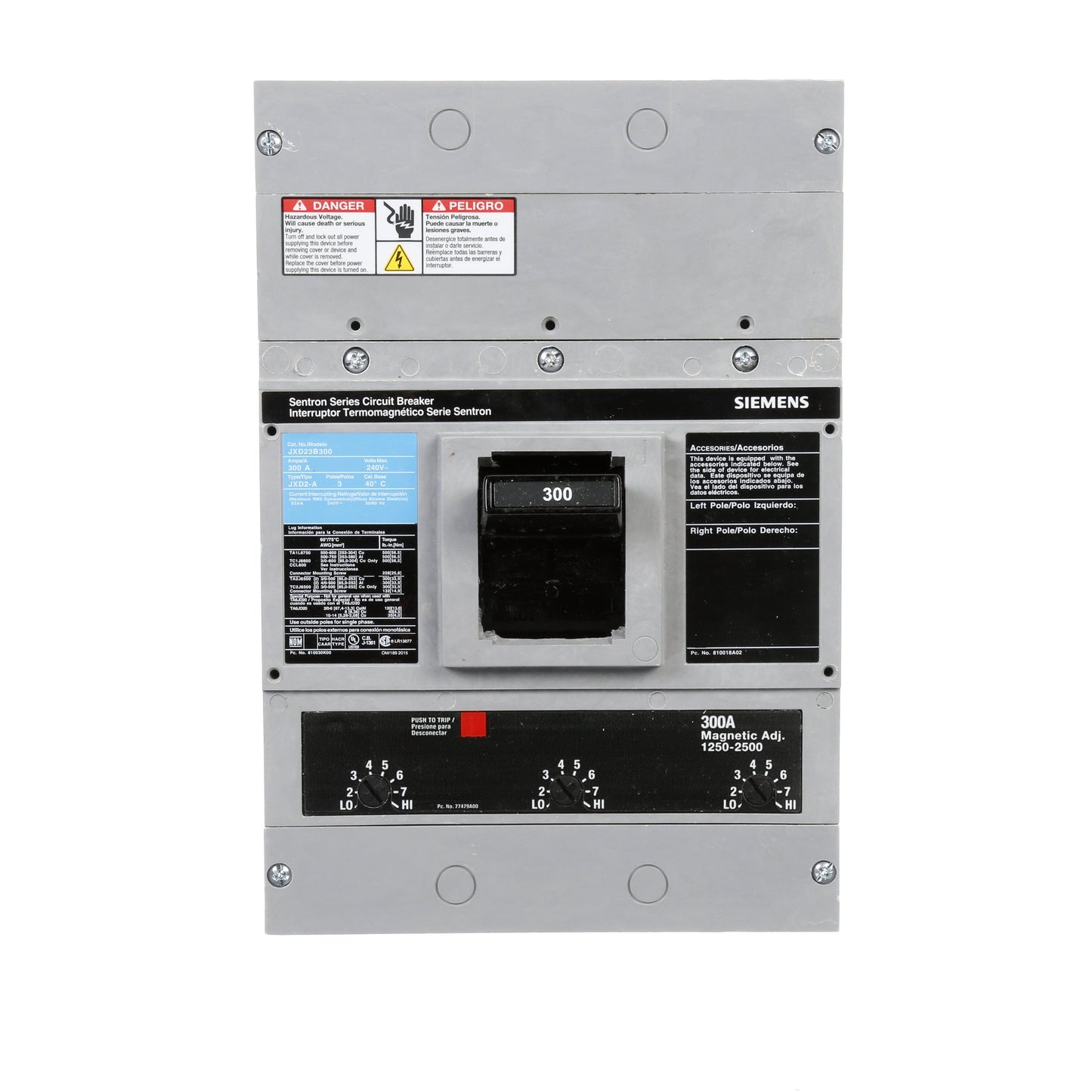 Siemens JXD23B300 Molded Case Circuit Breaker | 240V 300A 3P 65kA@240V Bolt-On Sentron Series