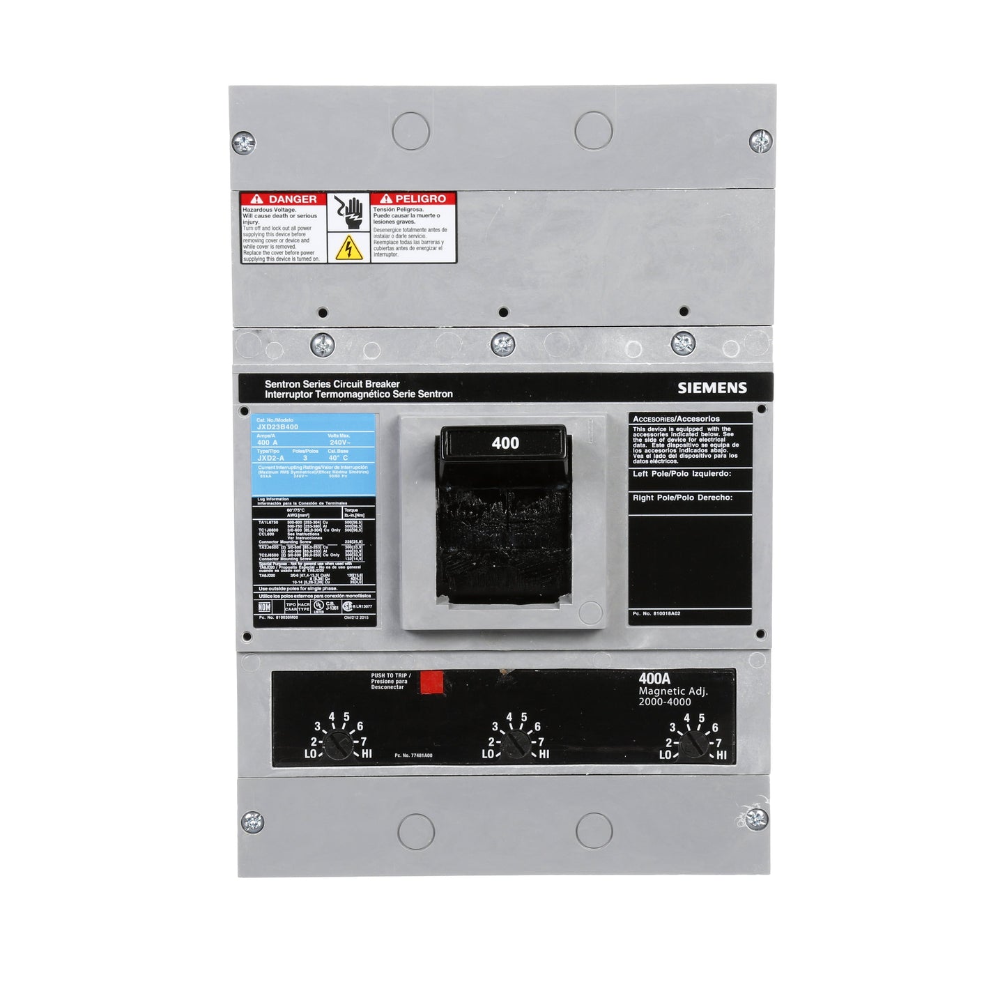 Siemens JXD23B400 Circuit Breaker | 240V 400A 3P 65kA@240V Bolt-On Sentron Series