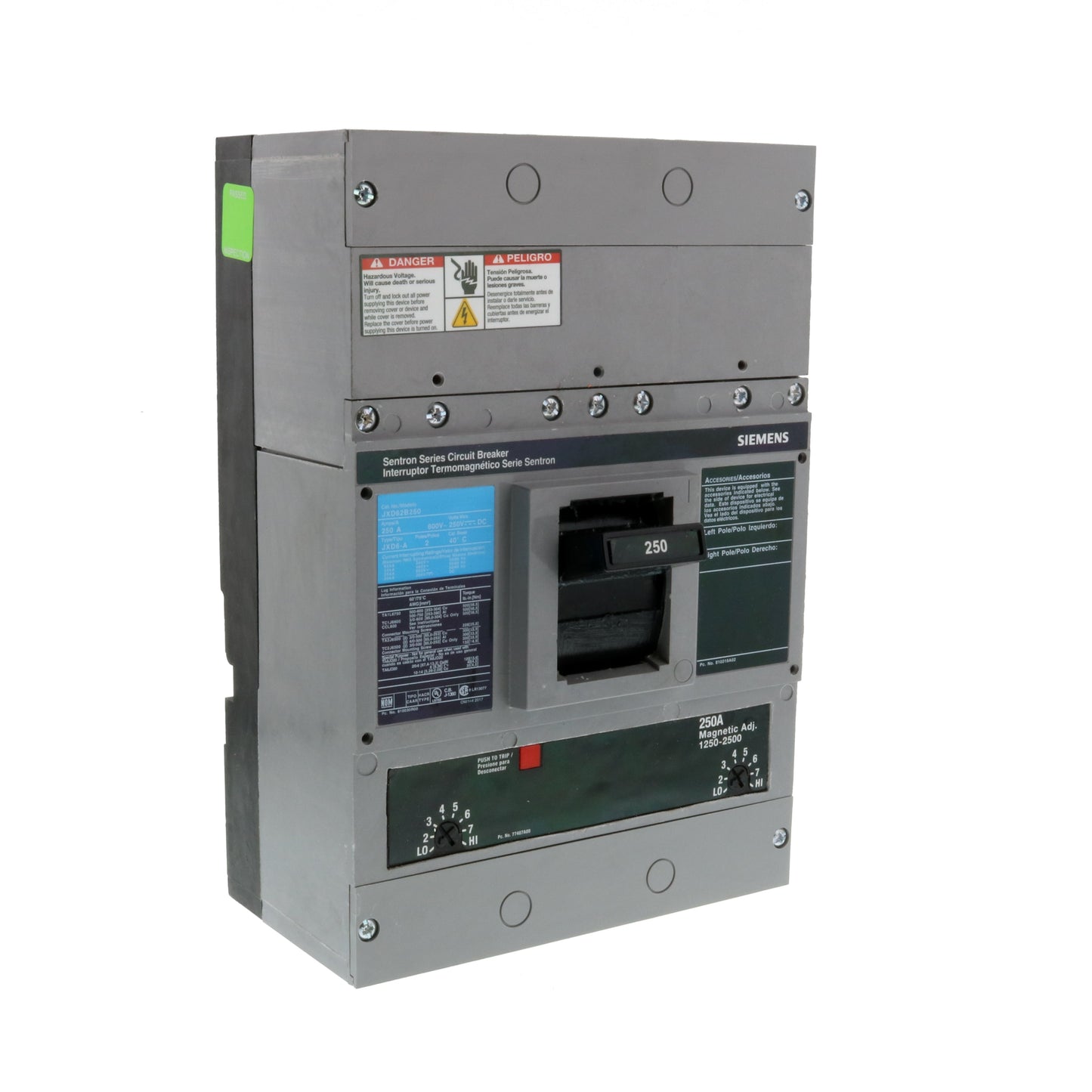 Siemens JXD62B250 Molded Case Circuit Breaker | 600V 250A 2P 35kA@480V Bolt-On Sentron Series
