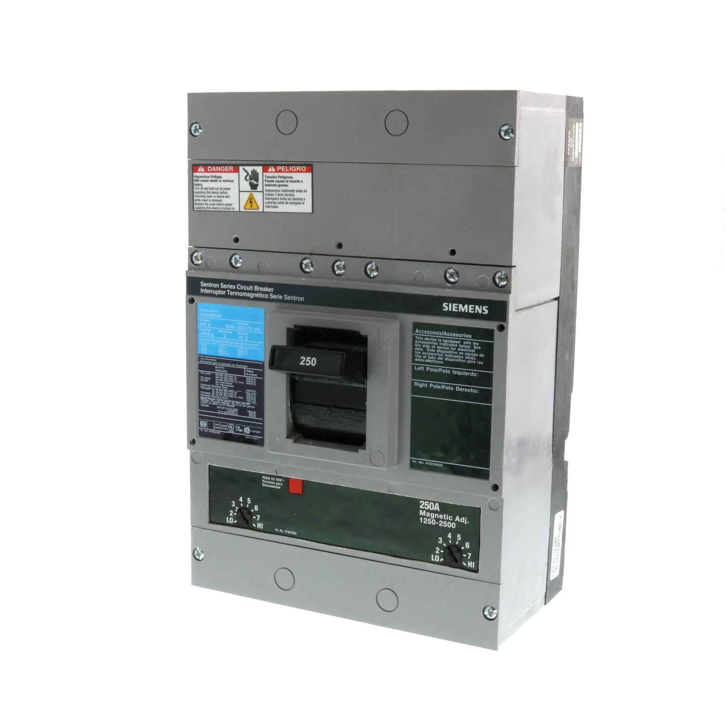 Siemens JXD62B250 Molded Case Circuit Breaker | 600V 250A 2P 35kA@480V Bolt-On Sentron Series