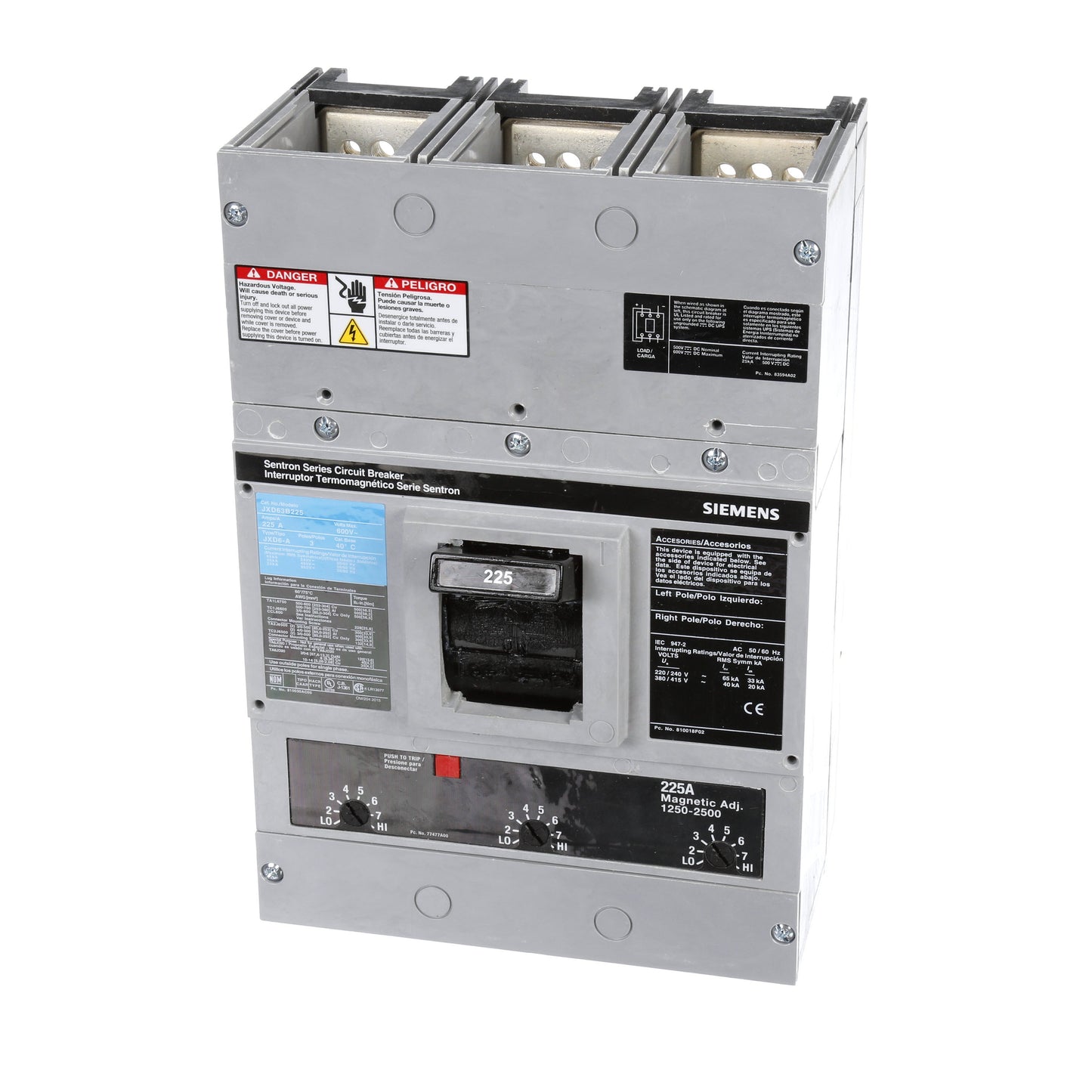 Siemens JXD63B225 Molded Case Circuit Breaker | 600V 225A 3P 35kA@480V Bolt-On Sentron Series