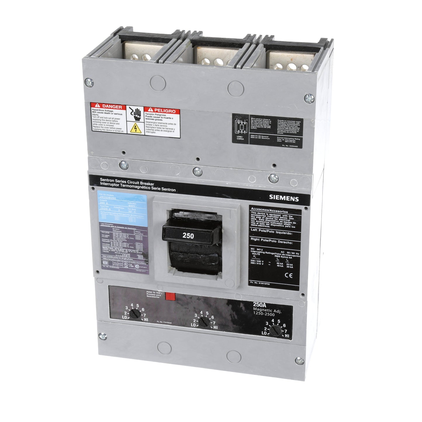 Siemens JXD63B250 Molded Case Circuit Breaker | 600V 250A 3P 35kA@480V Bolt-On Sentron Series