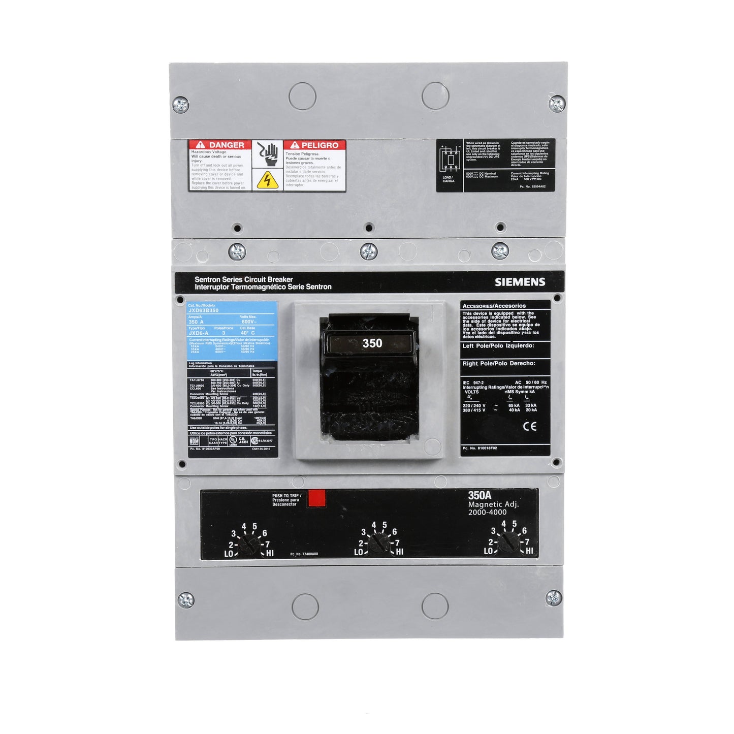 Siemens JXD63B350 Molded Case Circuit Breaker | 600V 350A 3P 35kA@480V Bolt-On Sentron Series