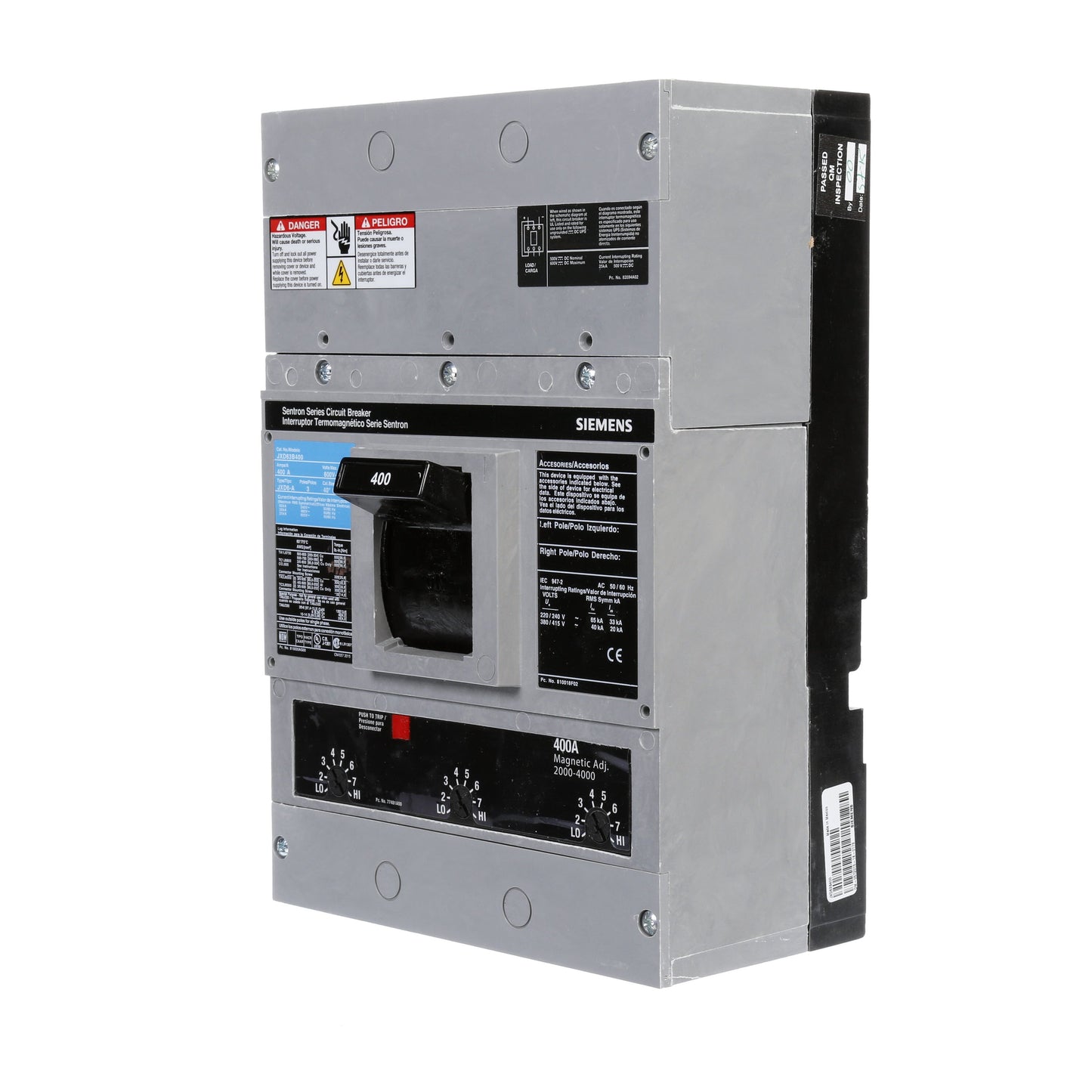 Siemens JXD63B400 Circuit Breaker | 600V 400A 3P 35kA@480V Bolt-On Sentron Series