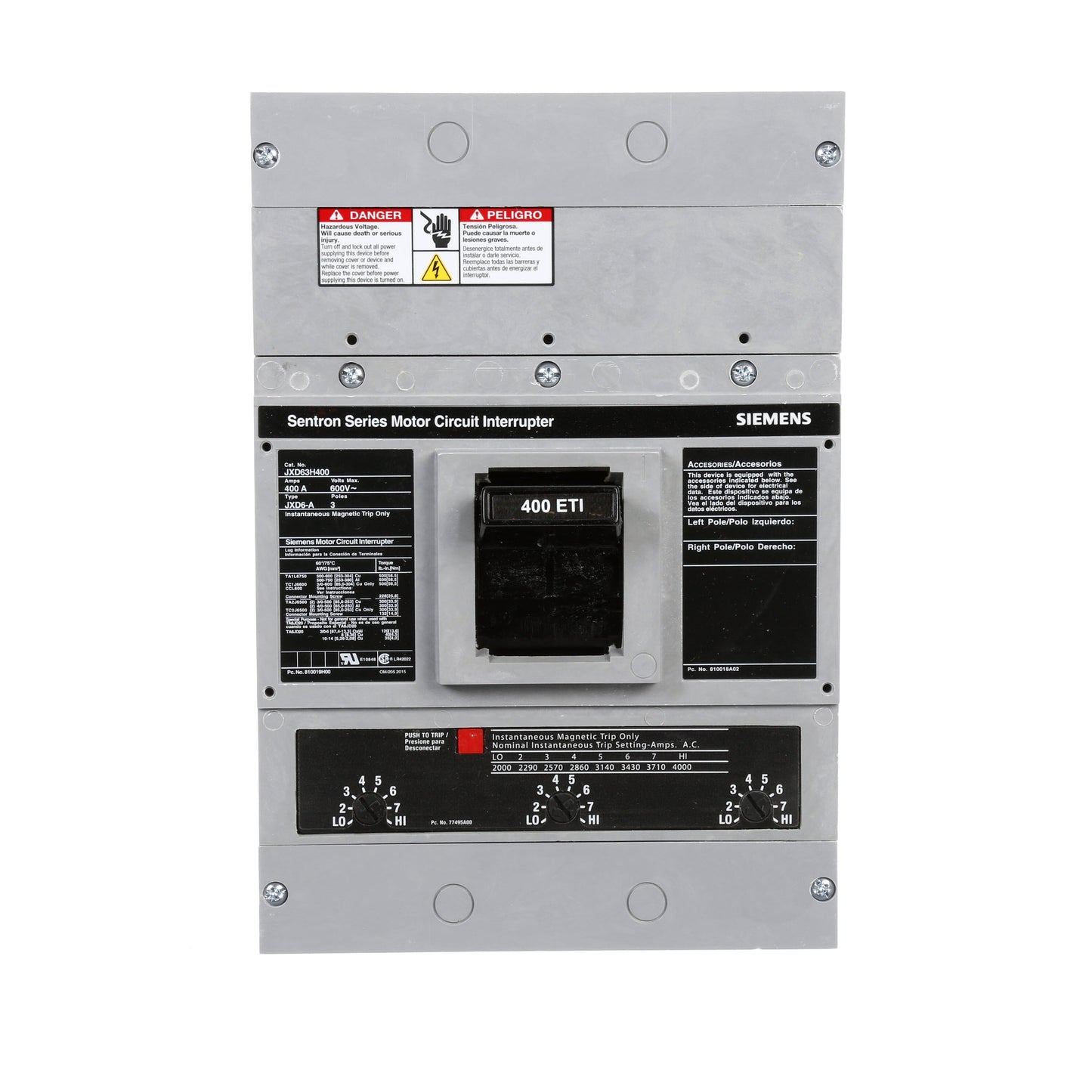 Siemens JXD63H400 Molded Case Circuit Breaker | 600V 400A 3P 35kA@480V Bolt-On Sentron Series