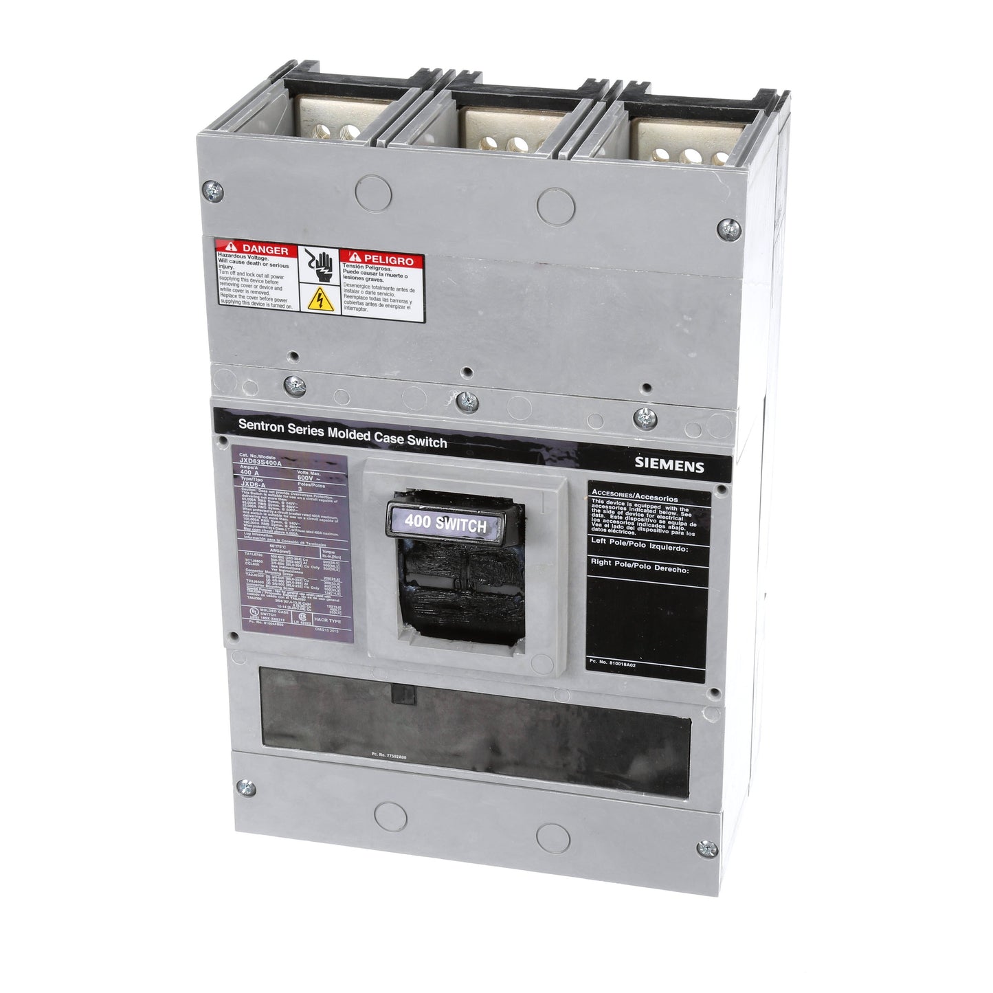 Siemens JXD63S400A Molded Case Circuit Breaker | 600V 400A 3P 35kA@480V Bolt-On Sentron Series