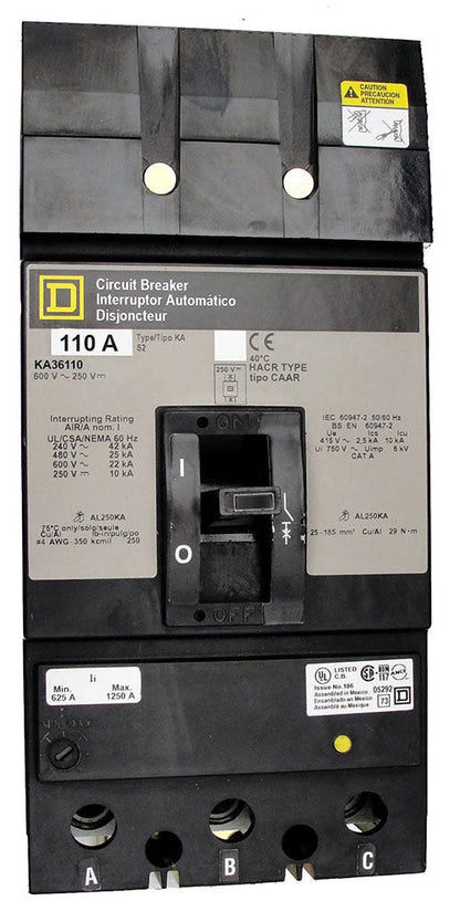 Square D KA36110 Circuit Breaker | 600V 110A 3P 25kA@480V I-Line