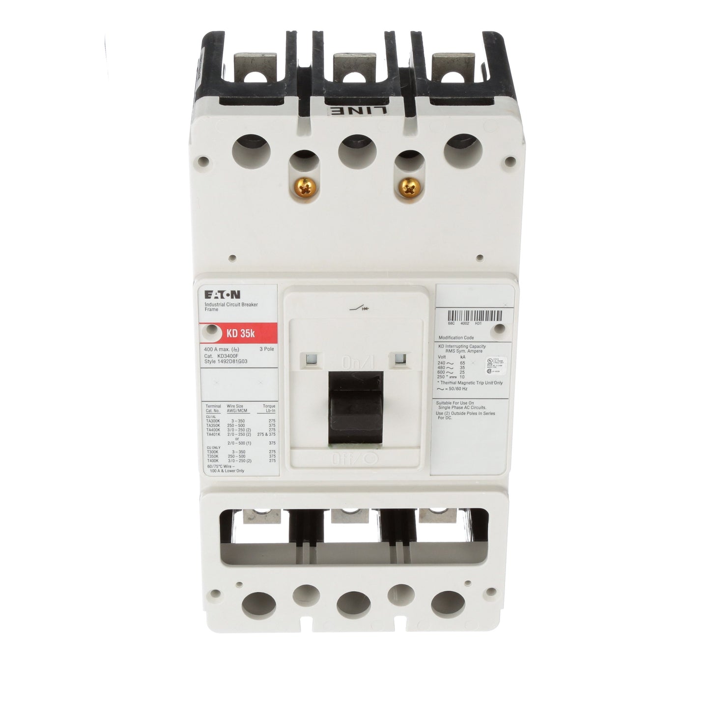 Cutler Hammer KD3400F Circuit Breaker | 600V 400A 3P 35kA@480V Bolt-On Series C
