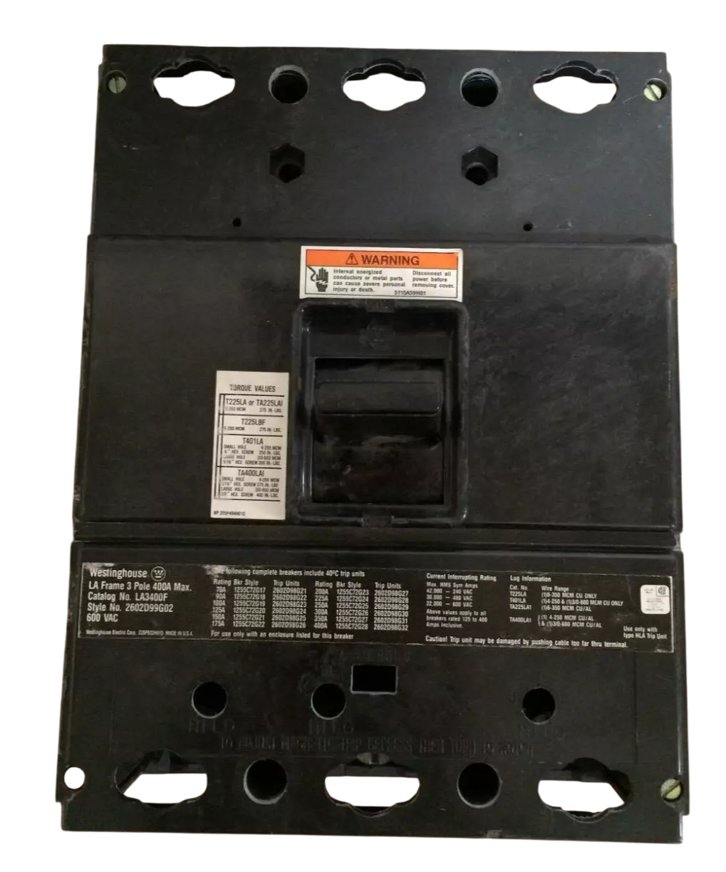 Westinghouse LA3400F Circuit Breaker | 600V 400A 3P 30kA@480V Bolt-On LA Series