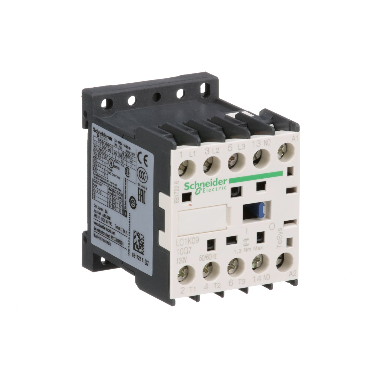 Schneider Electric LC1K0910G7 Contactor 3 pole 600V 20A 120V coil TeSys K