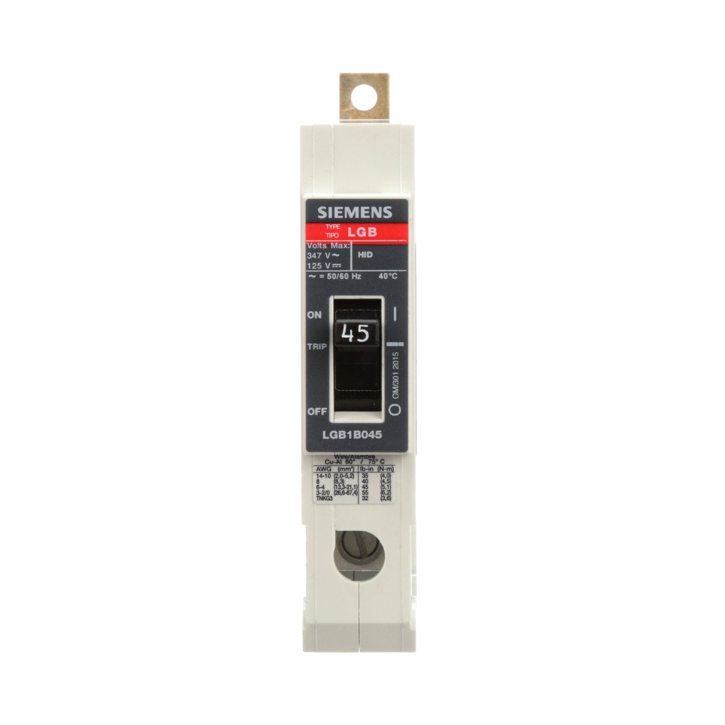 Siemens LGB1B045B Circuit Breaker | 347V 45A 1P 65kA@277V Bolt-On VL Series