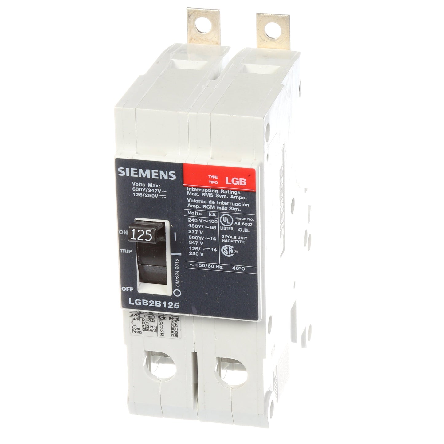Siemens LGB2B125B Circuit Breaker | 600V 125A 2P 100kA@240V Bolt-On VL Series
