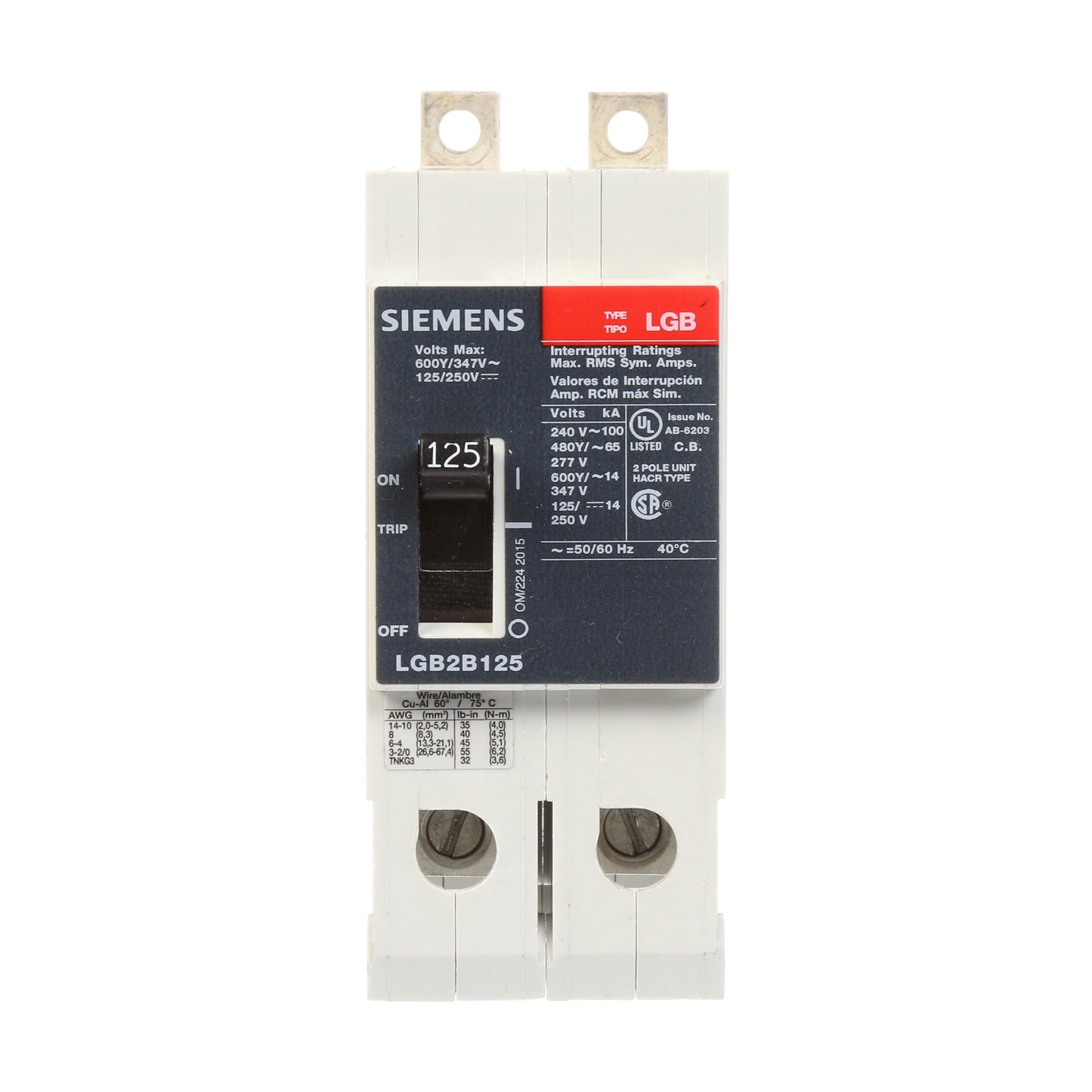 Siemens LGB2B125B Circuit Breaker | 600V 125A 2P 100kA@240V Bolt-On VL Series