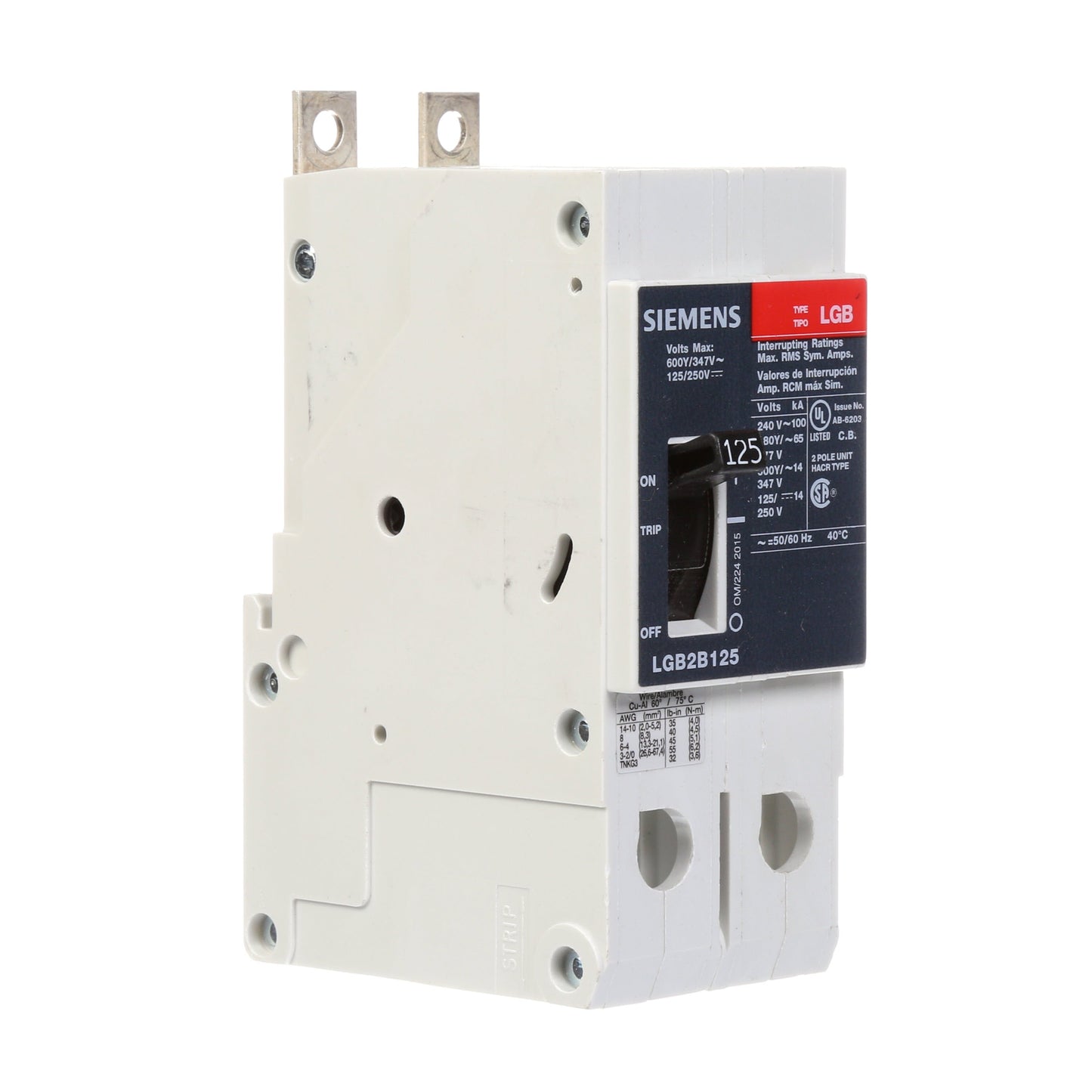 Siemens LGB2B125B Circuit Breaker | 600V 125A 2P 100kA@240V Bolt-On VL Series