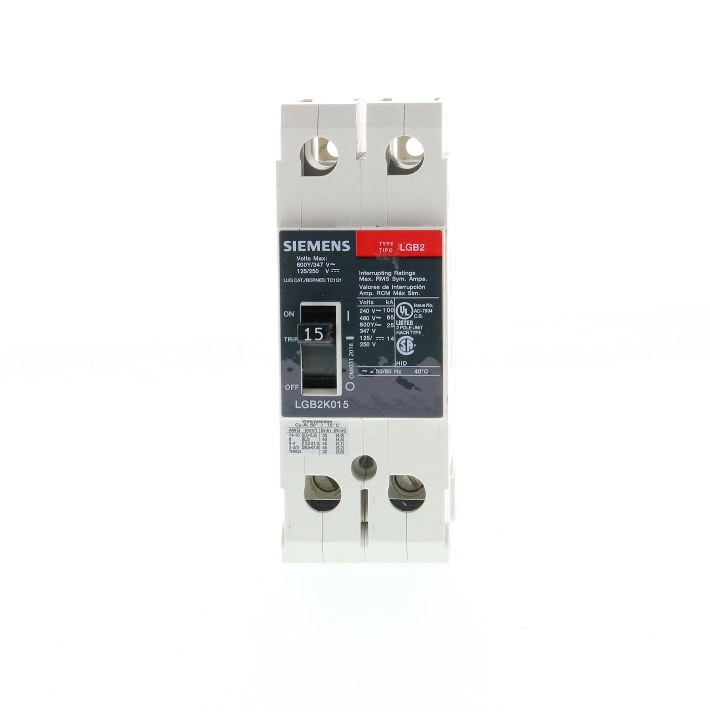 Siemens LGB2K015B Circuit Breaker | 600V 15A 2P 65kA@480V Bolt-On GB2 Series