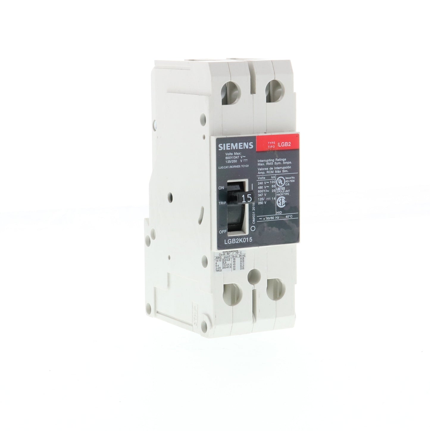 Siemens LGB2K015B Circuit Breaker | 600V 15A 2P 65kA@480V Bolt-On GB2 Series