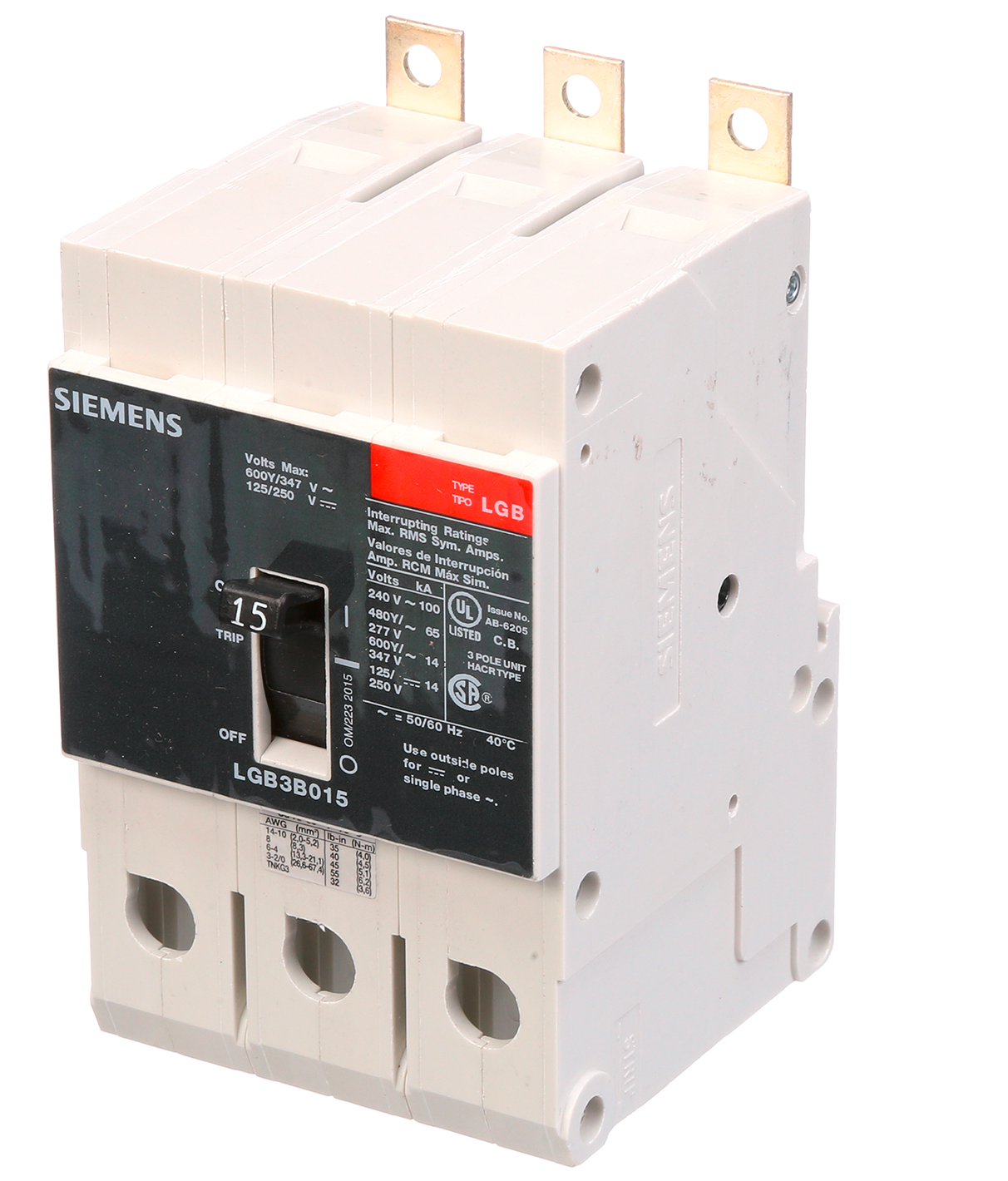 Siemens LGB3B015B Molded Case Circuit Breaker | 600V 15A 3P 100kA@240V Bolt-On VL Series