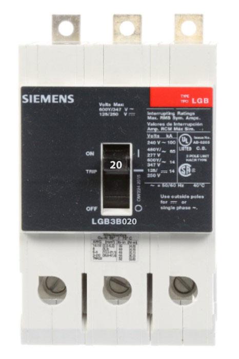 Siemens LGB3B020B Circuit Breaker | 480V 20A 3P 65kAIC@480V Bolt-On VL Series