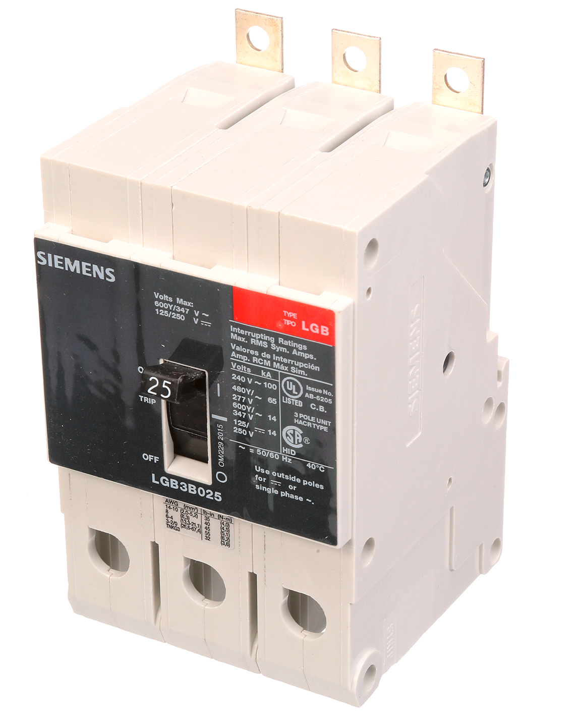Siemens LGB3B025B Circuit Breaker | 600V 25A 3P 100kA@240V Bolt-On VL Series